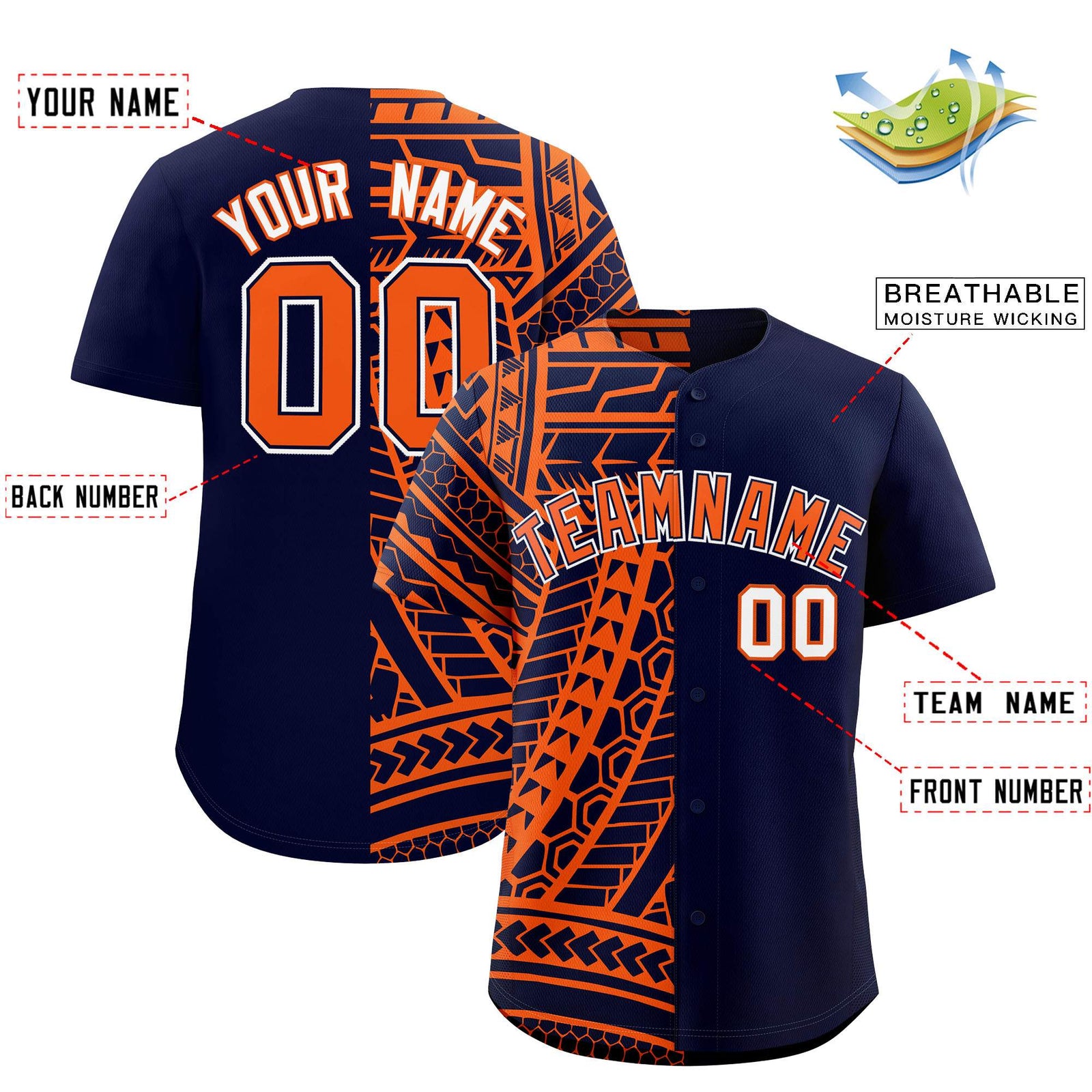 Custom Navy Orange Split Fashion Tribal Pattern Authentic Baseball Jersey