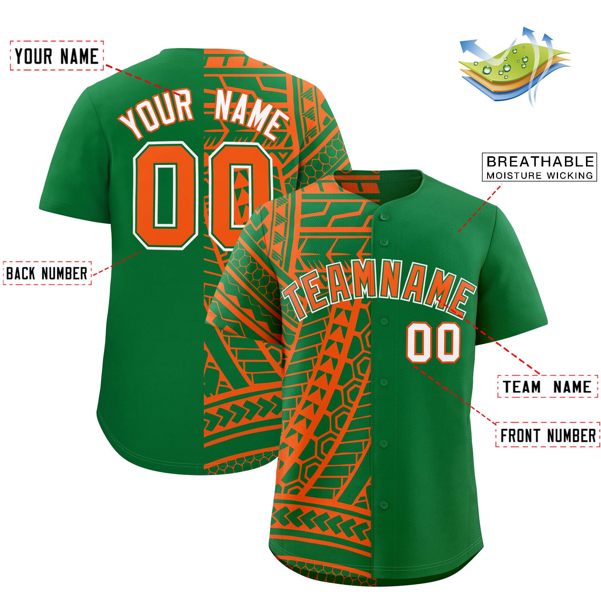 Custom Kelly Green Orange Split Fashion Tribal Pattern Authentic Baseball Jersey