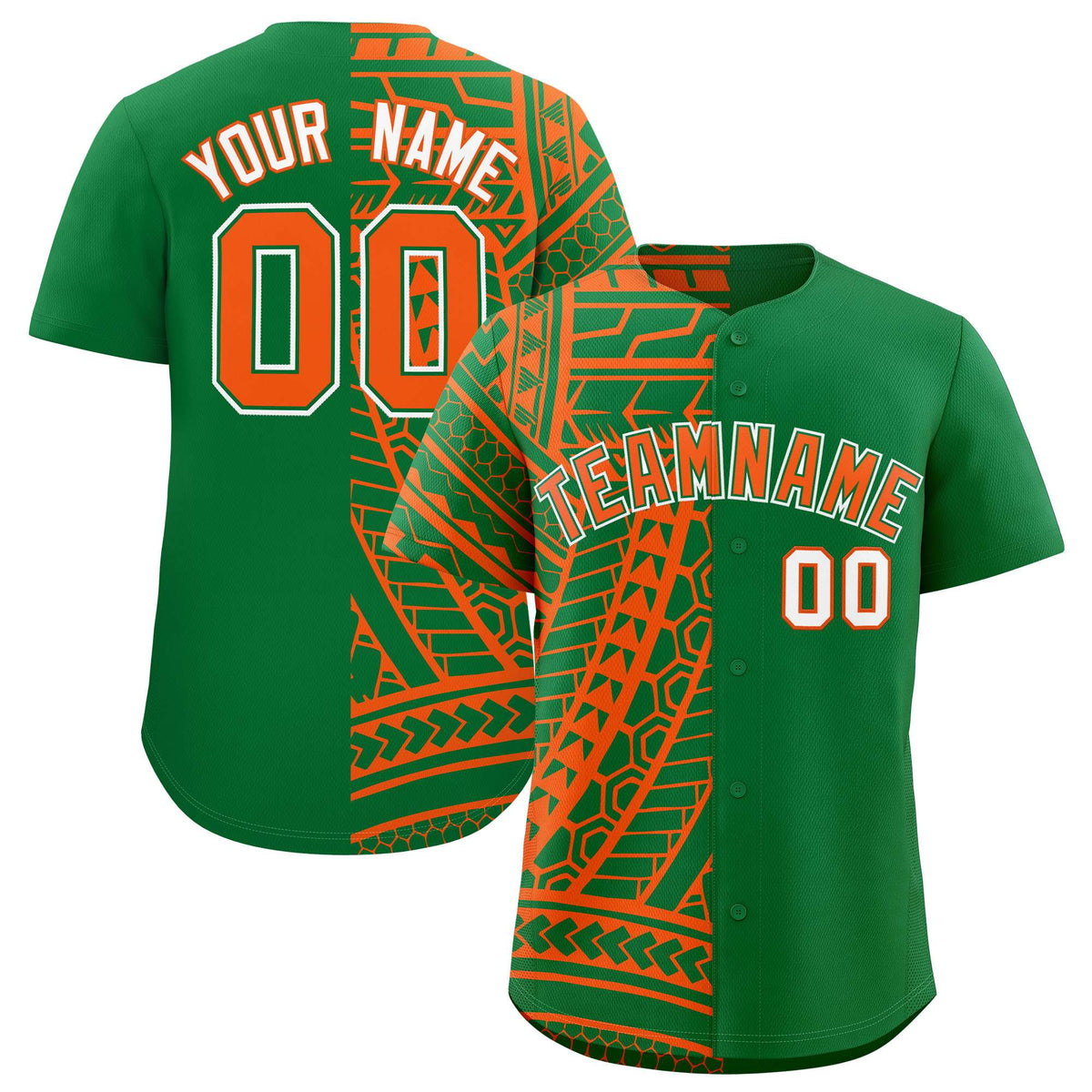 Custom Kelly Green Orange Split Fashion Tribal Pattern Authentic Baseball Jersey