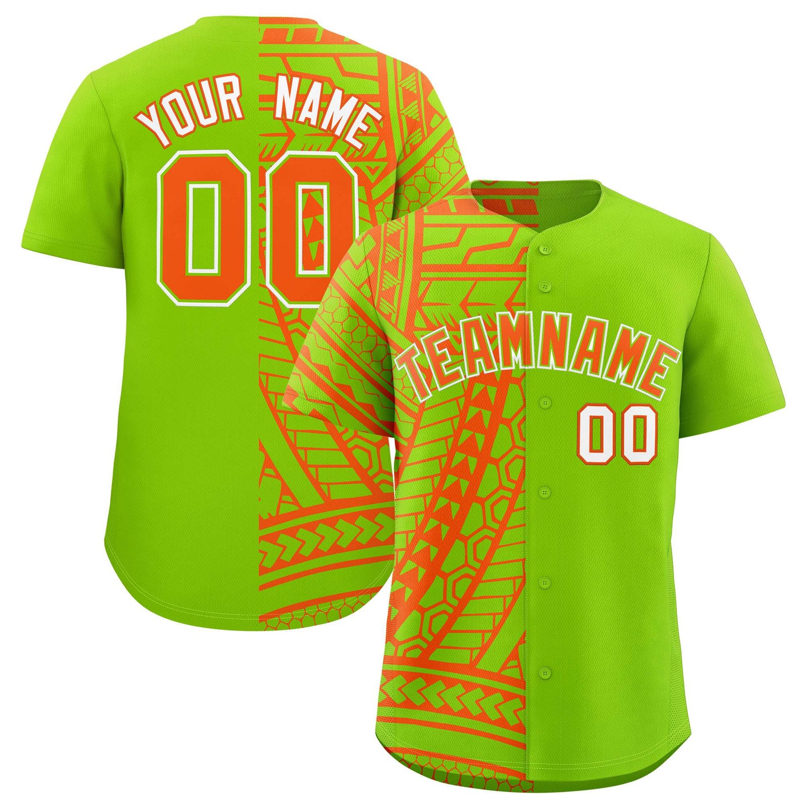 Custom Neon Green Orange Split Fashion Tribal Pattern Authentic Baseball Jersey