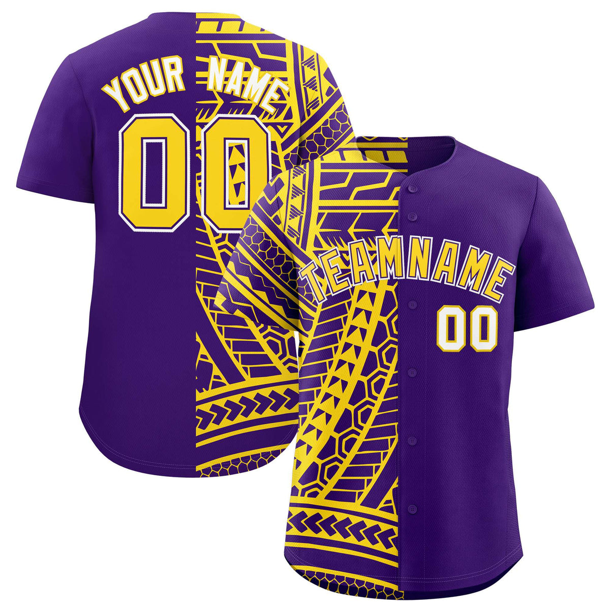 Custom Purple Gold Split Fashion Tribal Pattern Authentic Baseball Jersey