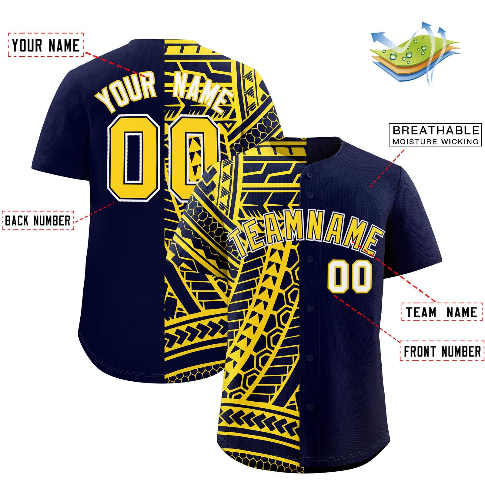 Custom Navy Gold Split Fashion Tribal Pattern Authentic Baseball Jersey