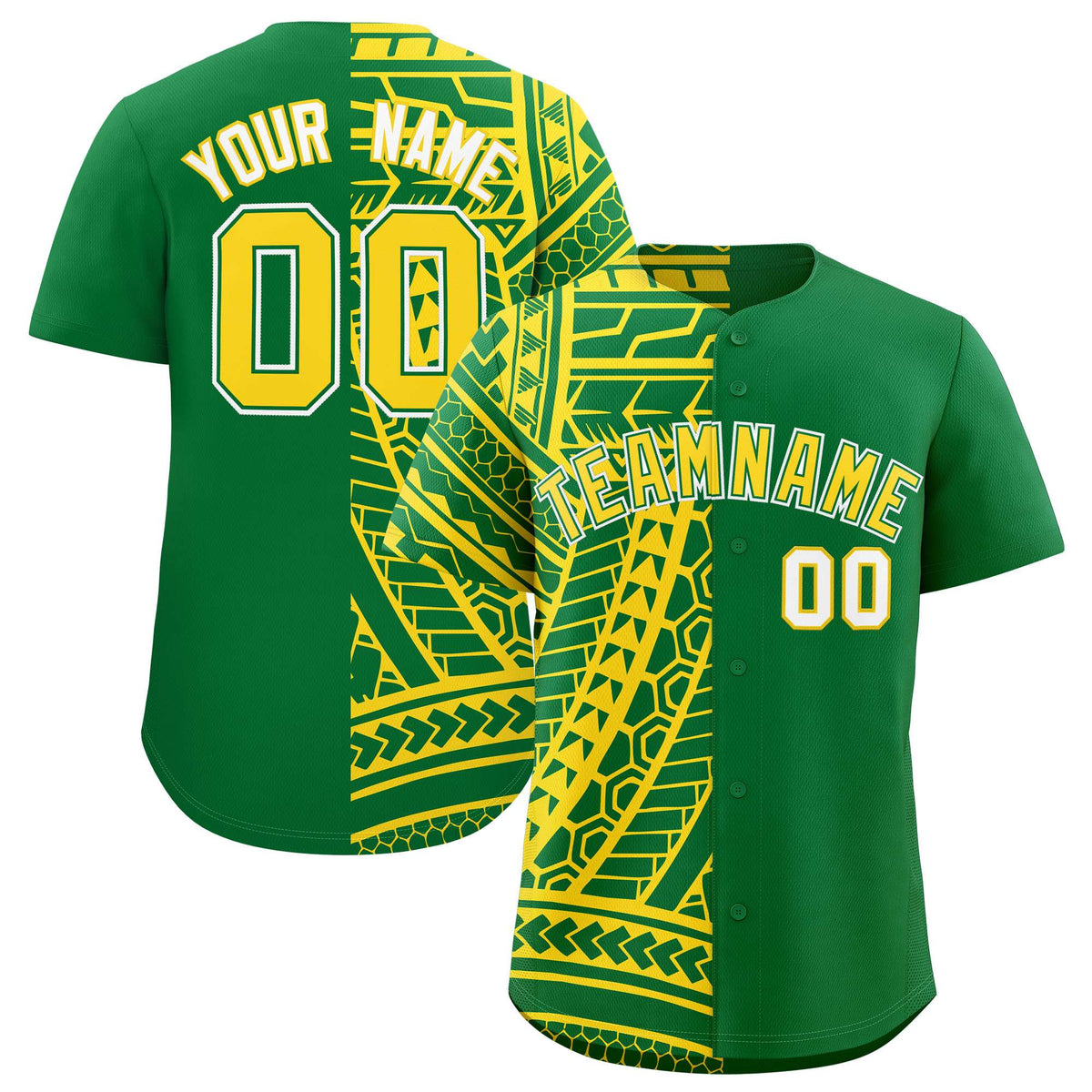 Custom Kelly Green Gold Split Fashion Tribal Pattern Authentic Baseball Jersey