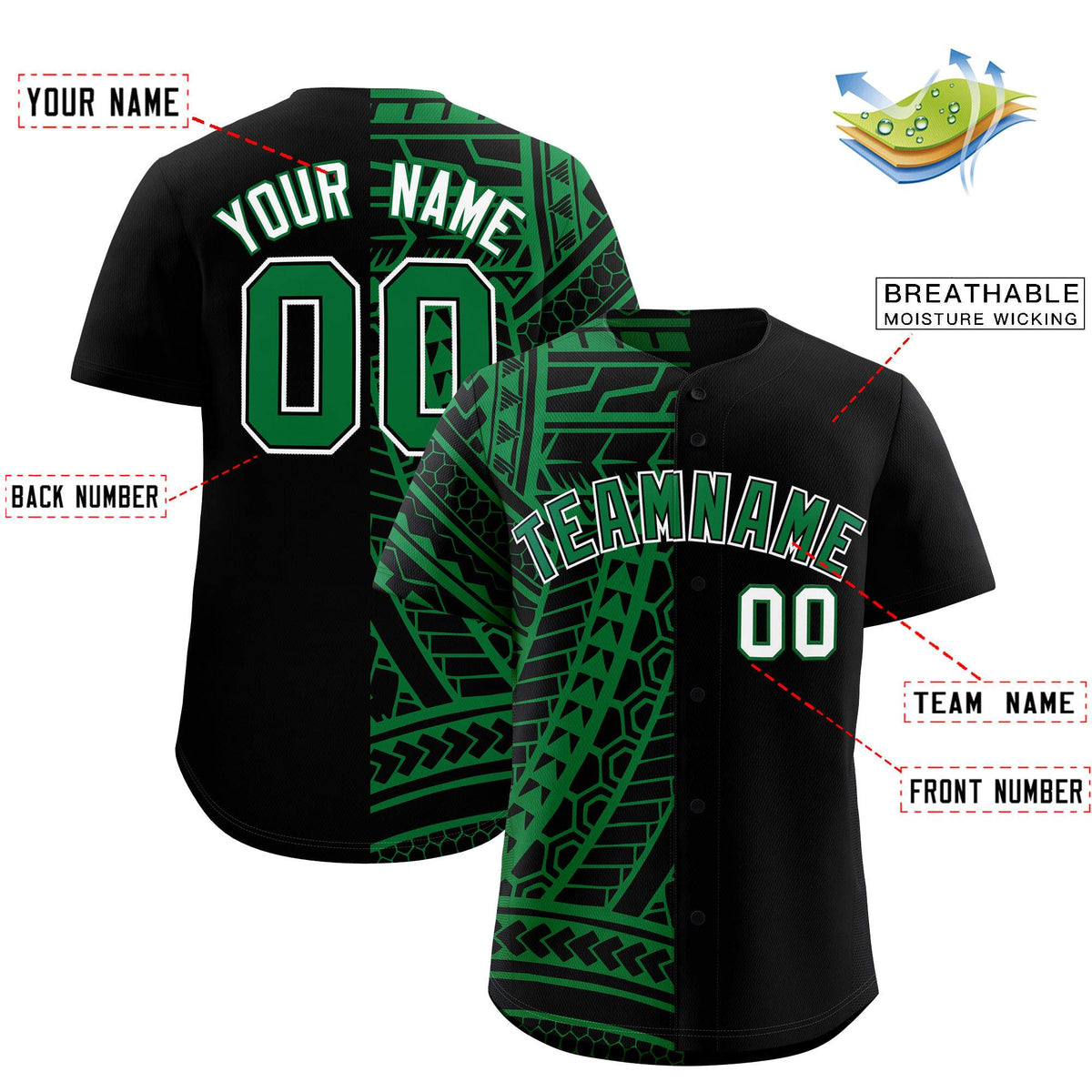 Custom Black Kelly Green Split Fashion Tribal Pattern Authentic Baseball Jersey