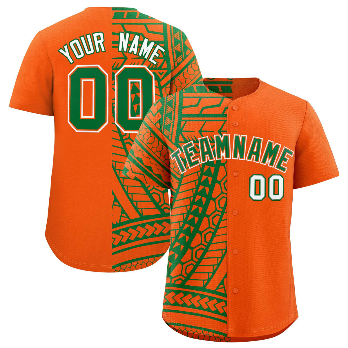Custom Orange Kelly Green Split Fashion Tribal Pattern Authentic Baseball Jersey