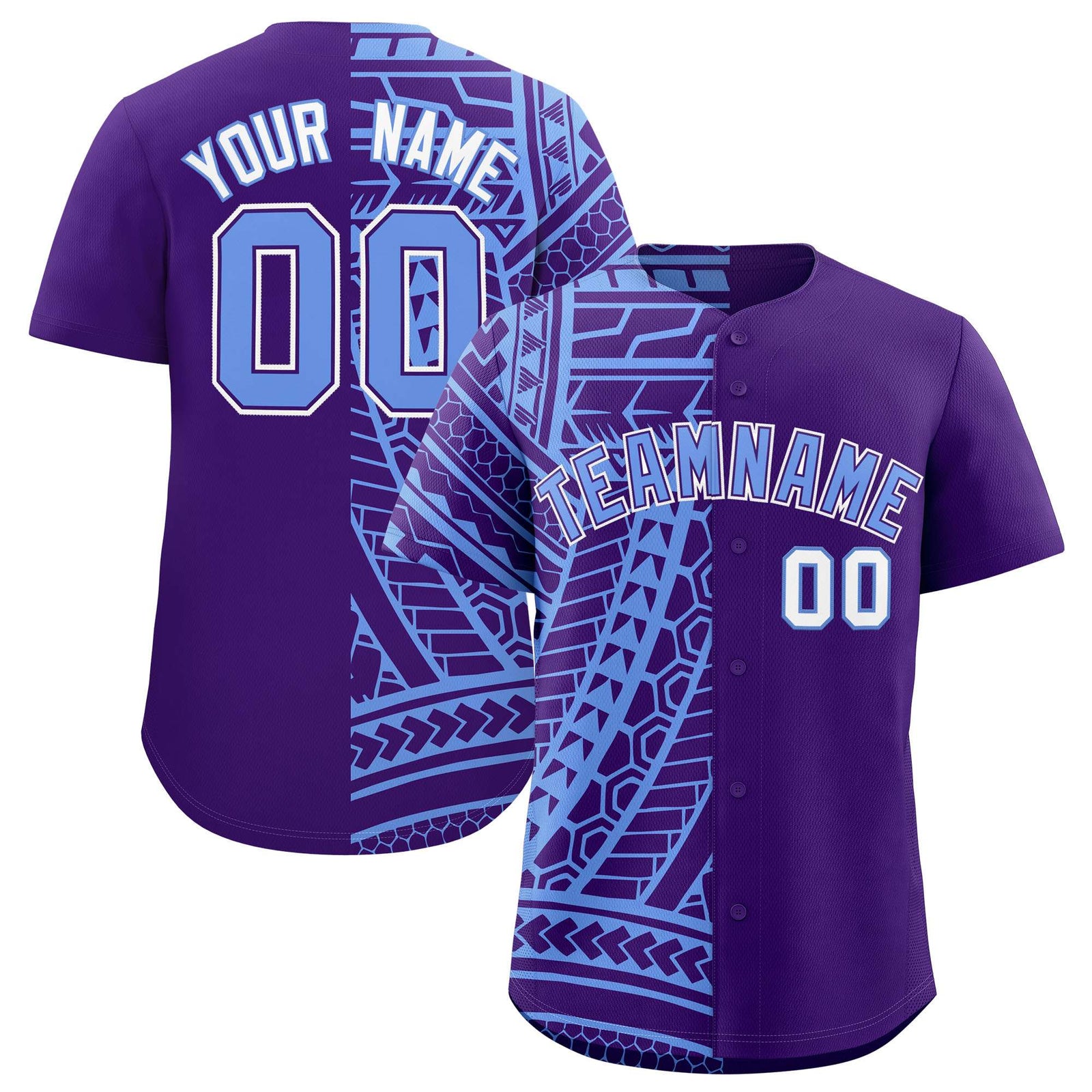 Custom Light Blue Purple Split Fashion Tribal Pattern Authentic Baseball Jersey
