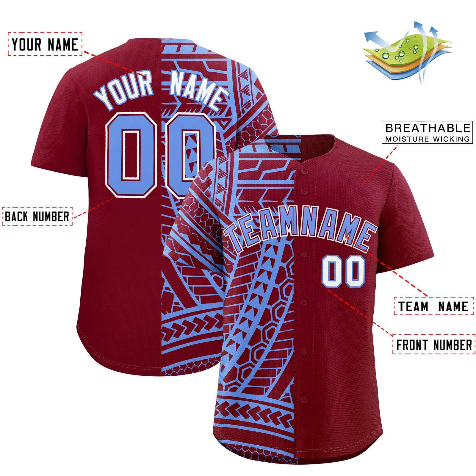 Custom Crimson Light Blue Split Fashion Tribal Pattern Authentic Baseball Jersey