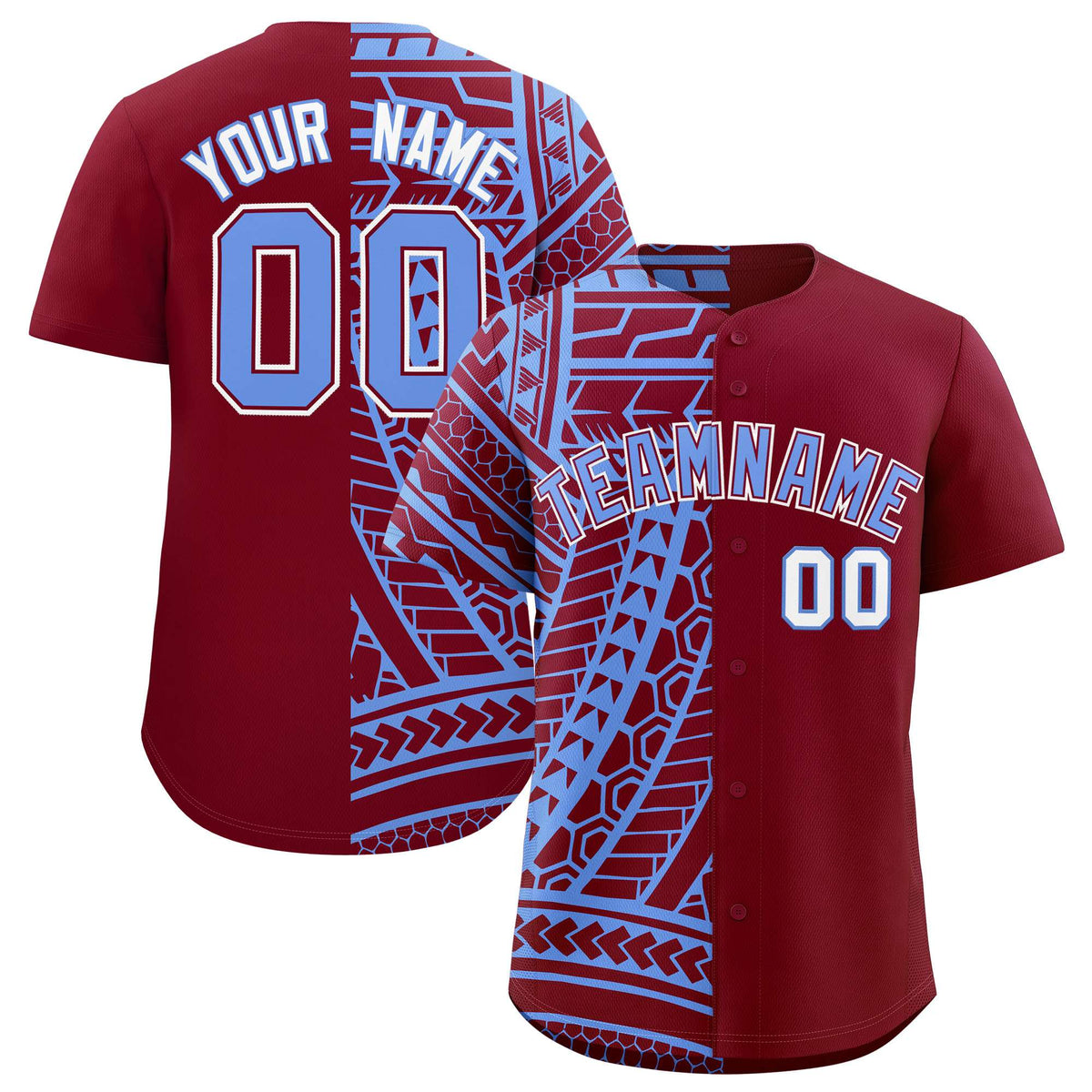 Custom Crimson Light Blue Split Fashion Tribal Pattern Authentic Baseball Jersey