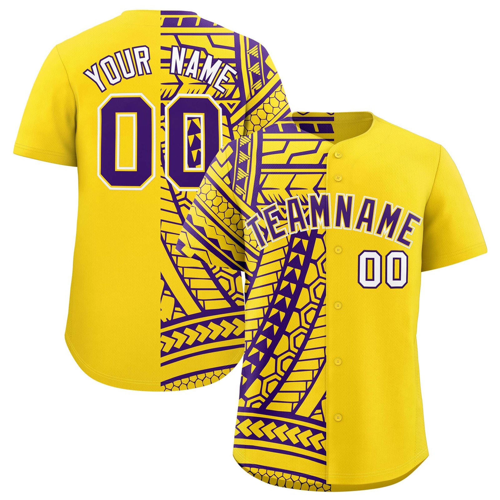 Custom Gold Purple Split Fashion Tribal Pattern Authentic Baseball Jersey