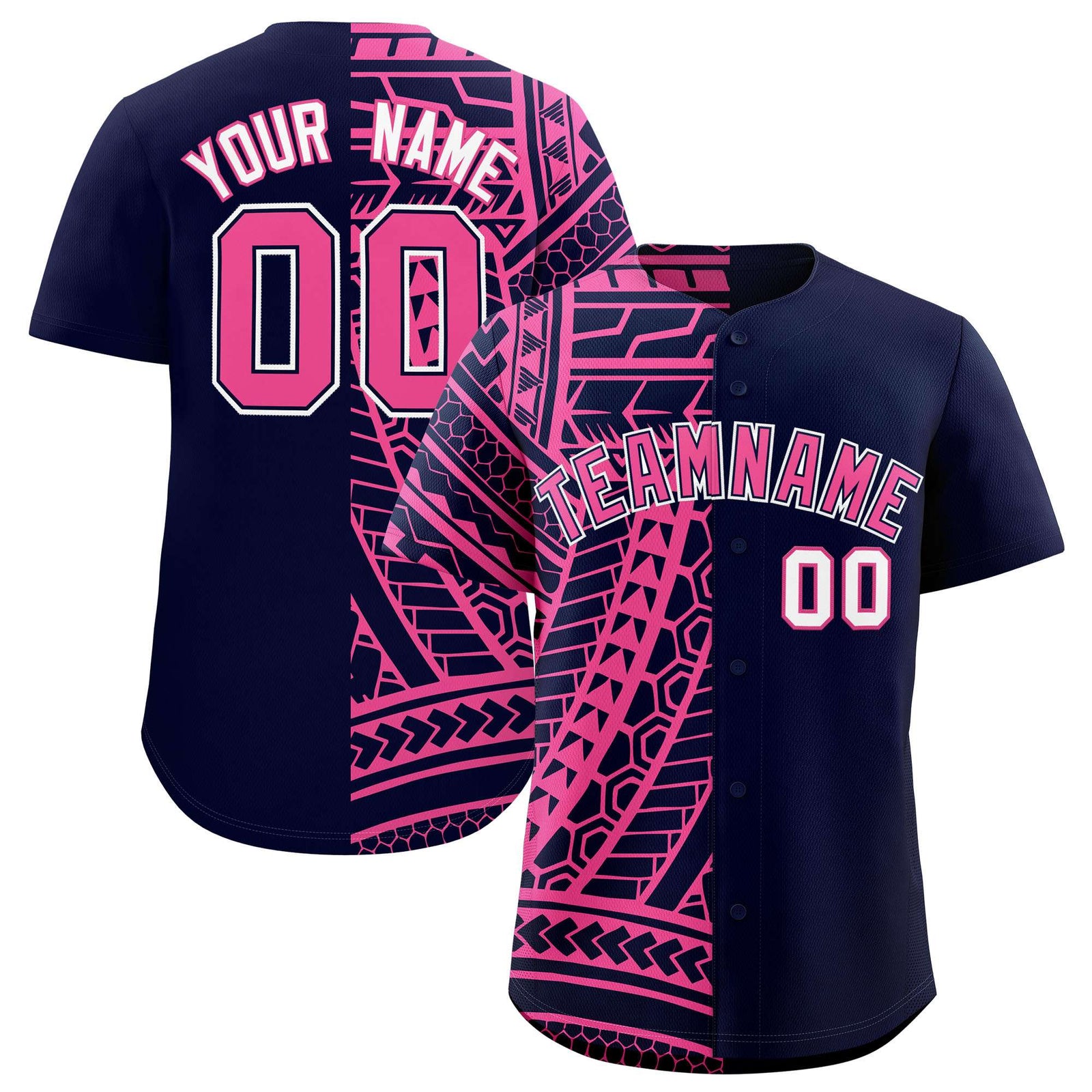 Custom Navy Pink Split Fashion Tribal Pattern Authentic Baseball Jersey