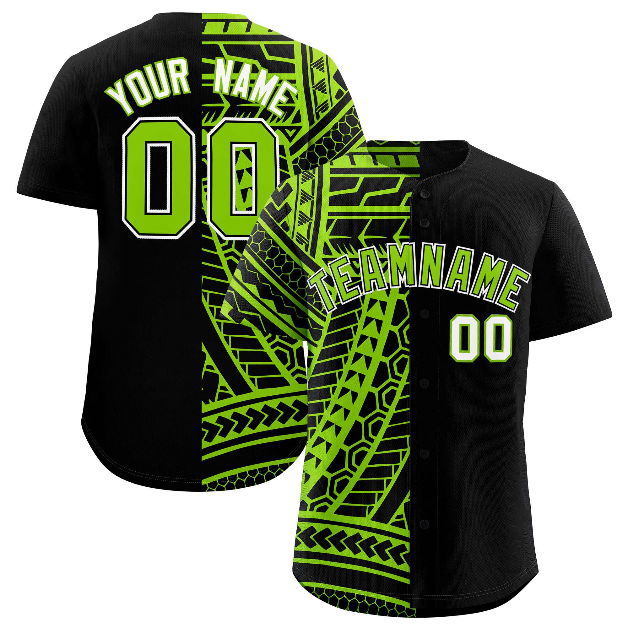 Custom Black Neon Green Split Fashion Tribal Pattern Authentic Baseball Jersey