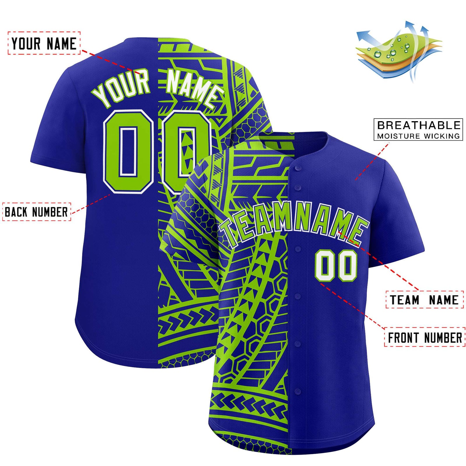 Custom Royal Neon Green Split Fashion Tribal Pattern Authentic Baseball Jersey
