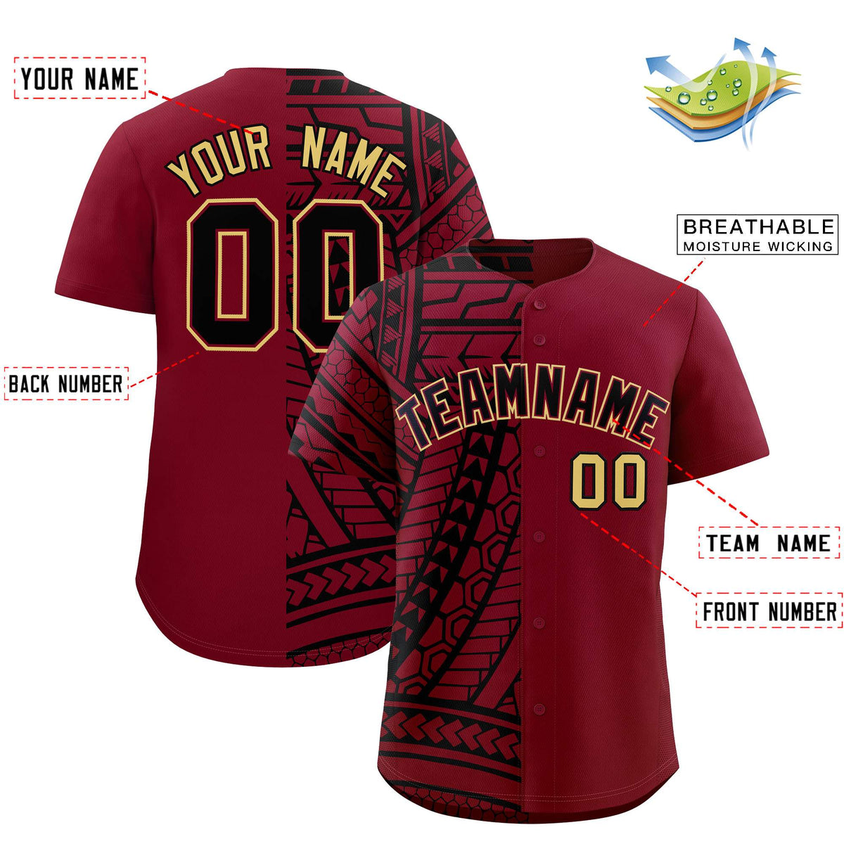Custom Crimson Black Split Fashion Tribal Pattern Authentic Baseball Jersey