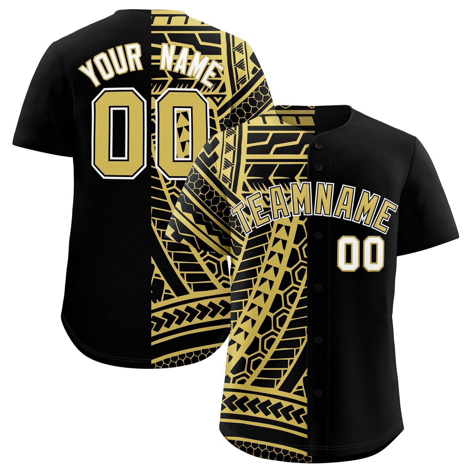Custom Black Old Gold Split Fashion Tribal Pattern Authentic Baseball Jersey