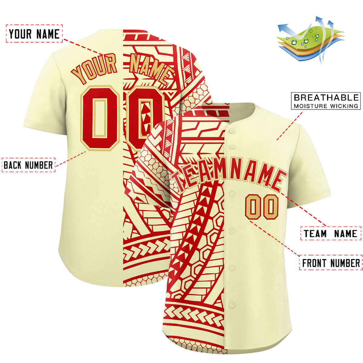 Custom Cream Red Split Fashion Tribal Pattern Authentic Baseball Jersey