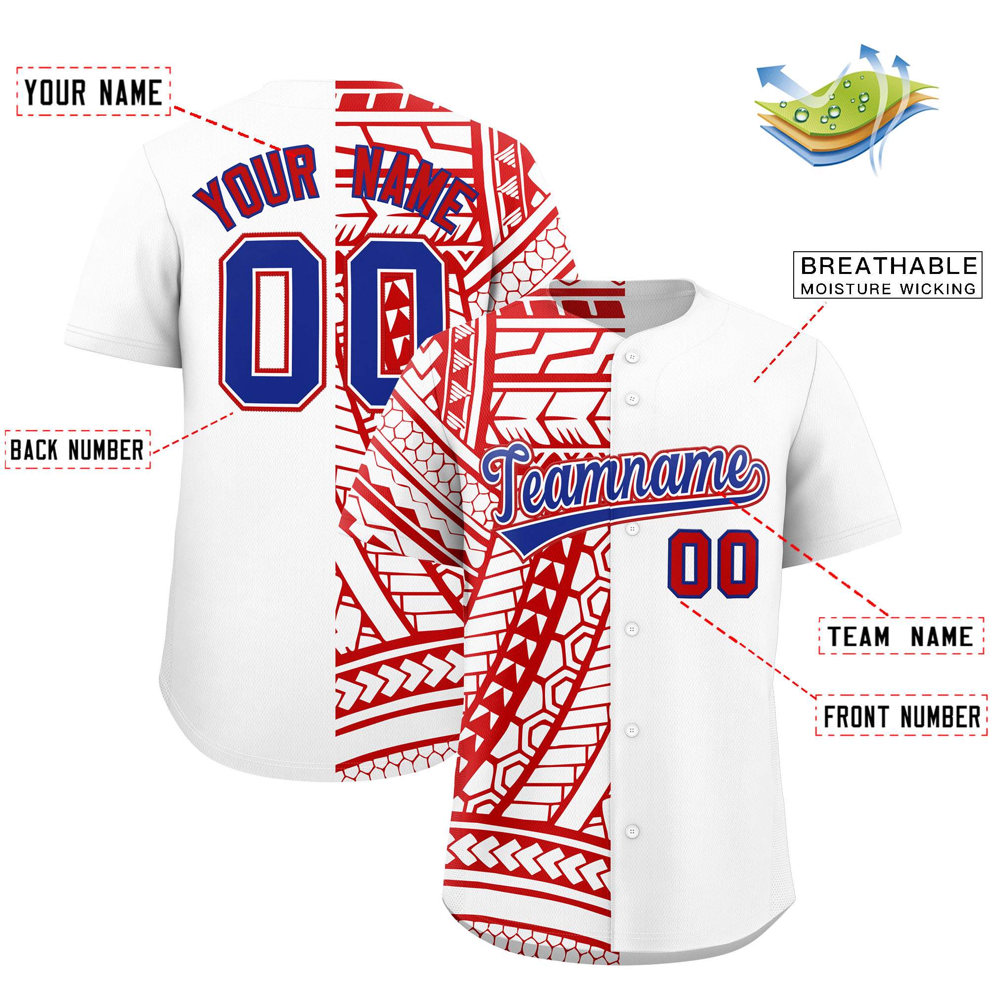 Custom White Red Split Fashion Tribal Pattern Authentic Baseball Jersey