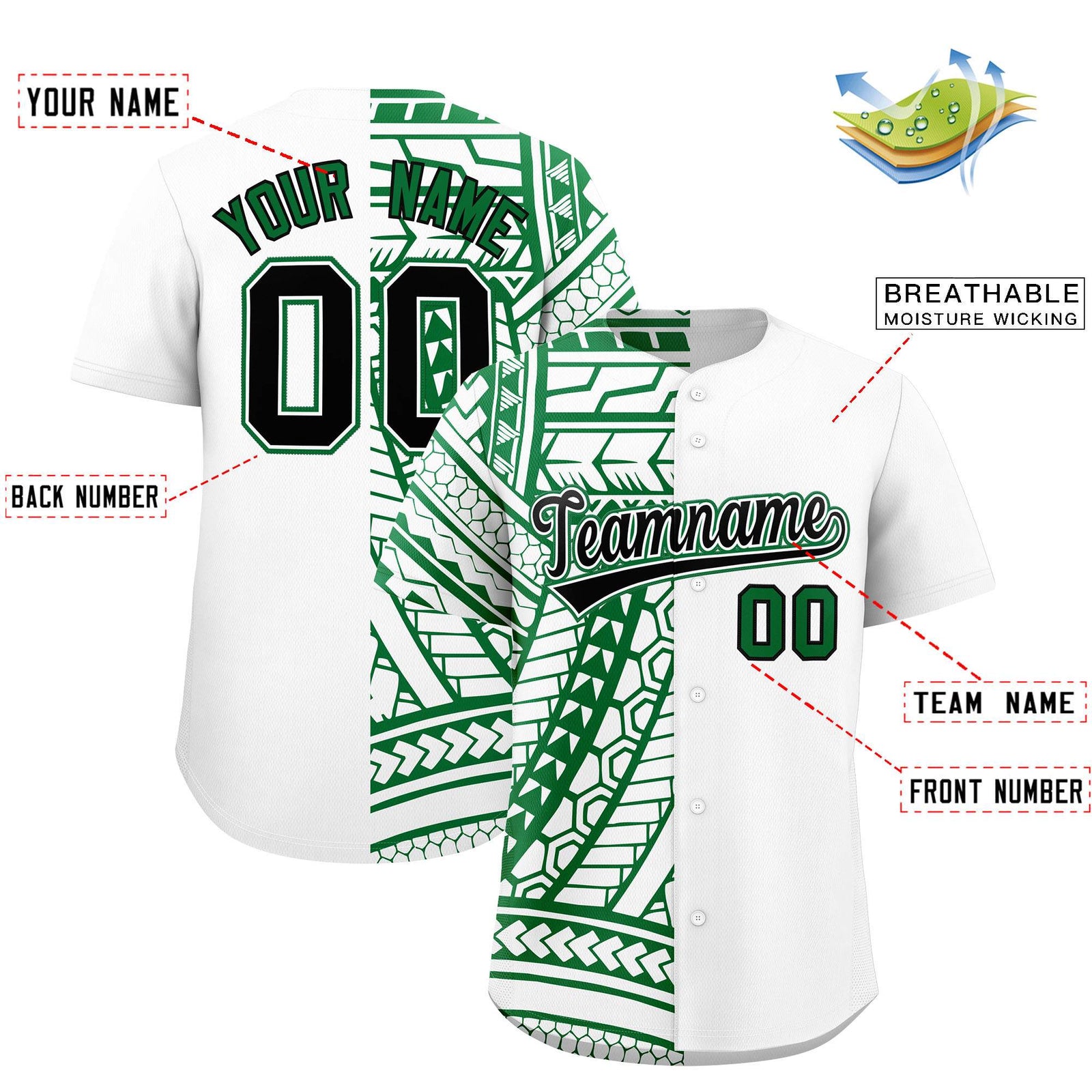 Custom White Kelly Green Split Fashion Tribal Pattern Authentic Baseball Jersey