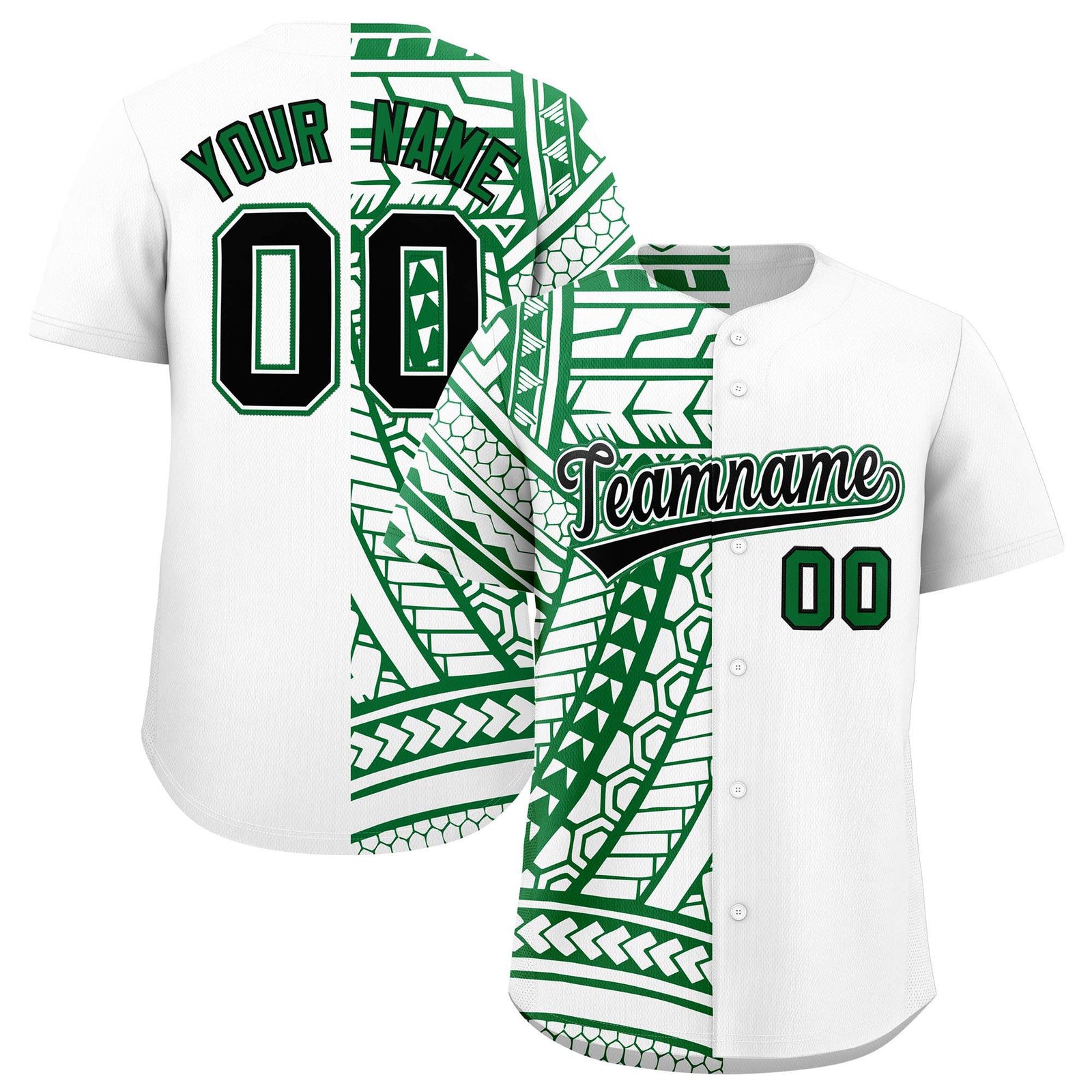 Custom White Kelly Green Split Fashion Tribal Pattern Authentic Baseball Jersey