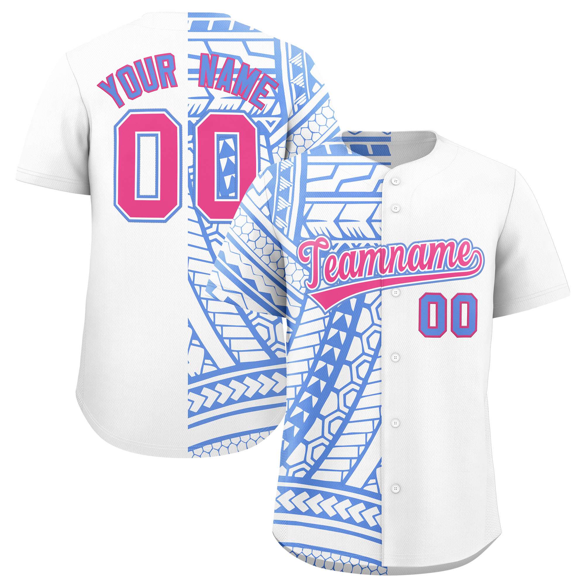 Custom White Light Blue Split Fashion Tribal Pattern Authentic Baseball Jersey