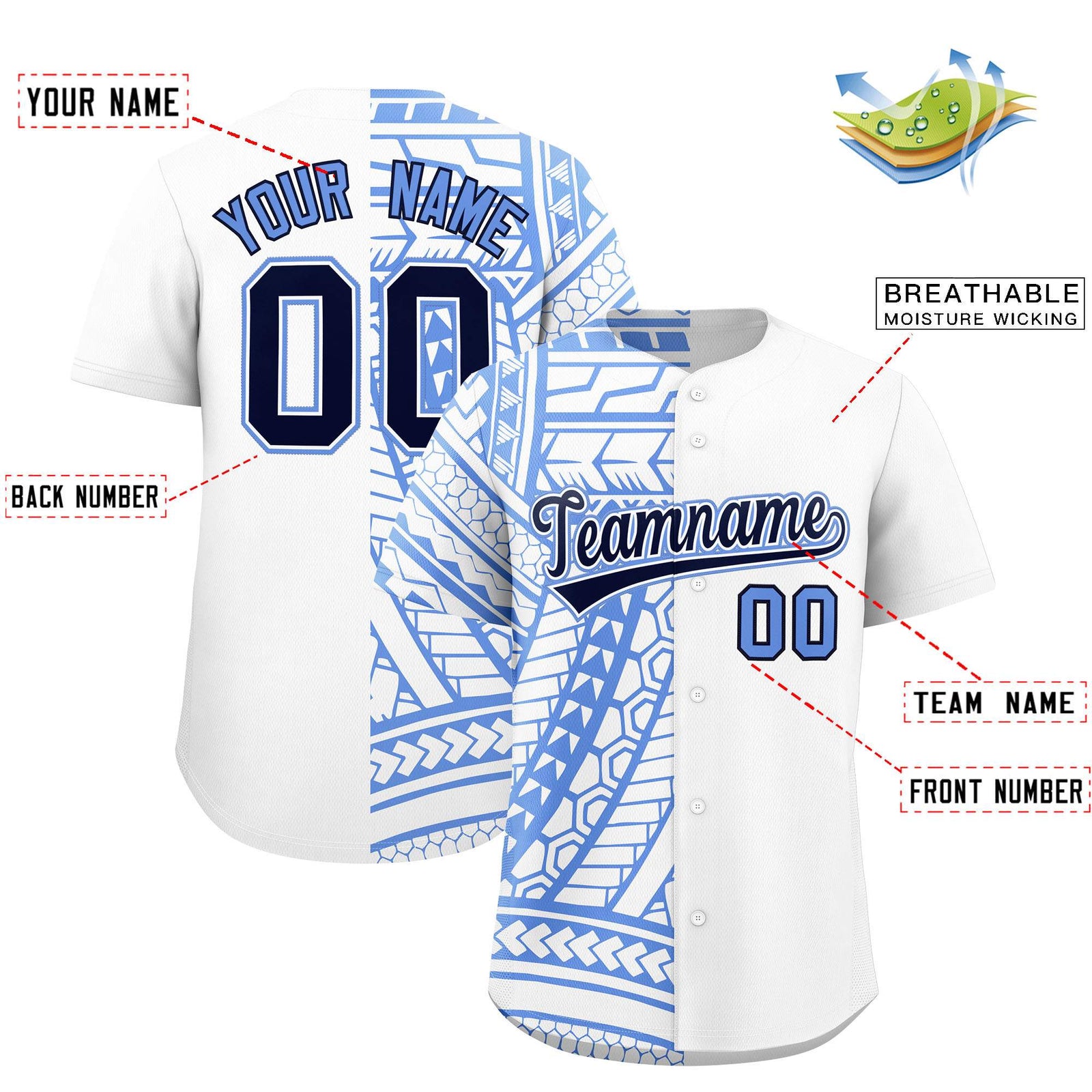 Custom Light Blue Navy Split Fashion Tribal Pattern Authentic Baseball Jersey
