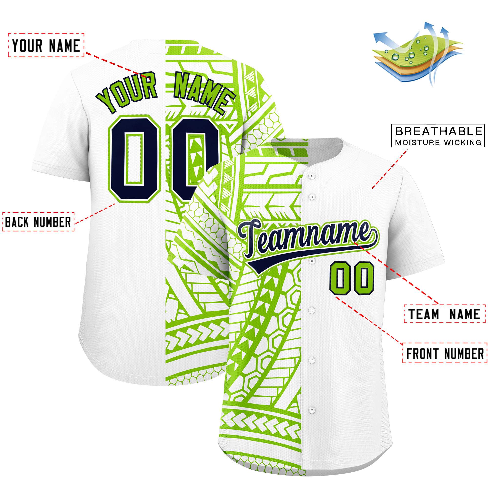 Custom White Neon Green Split Fashion Tribal Pattern Authentic Baseball Jersey