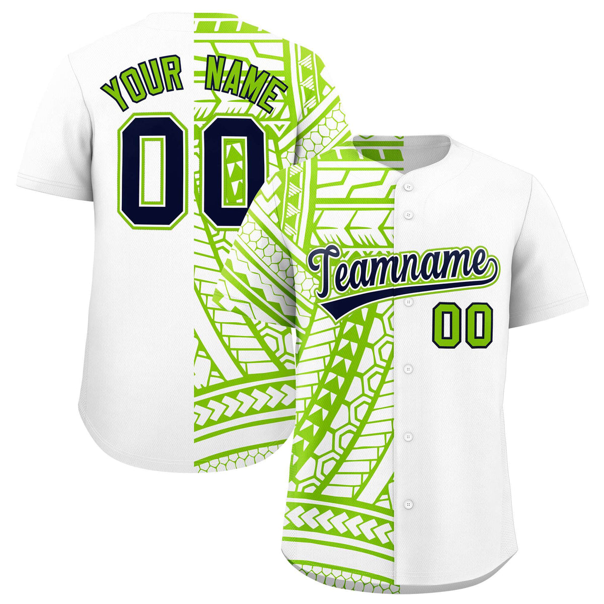 Custom White Neon Green Split Fashion Tribal Pattern Authentic Baseball Jersey