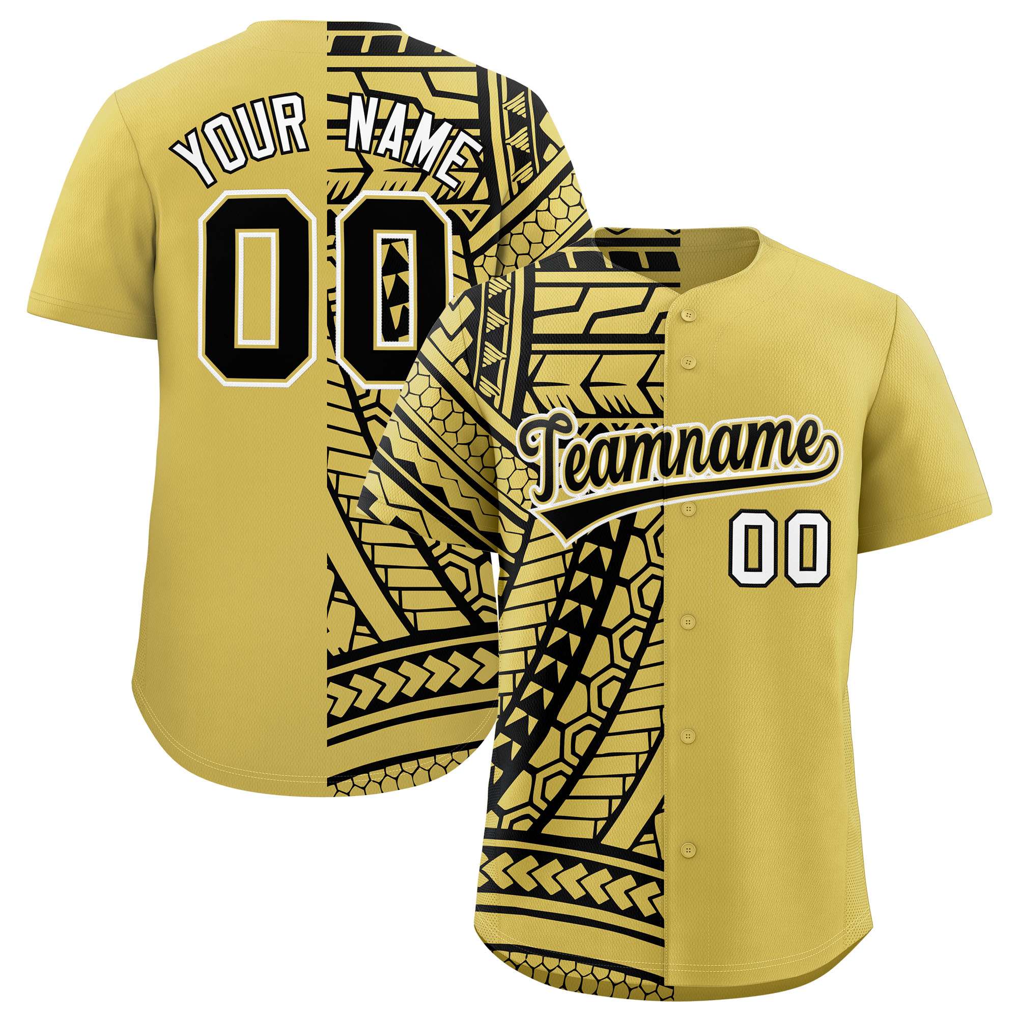 Custom Old Gold Black Split Fashion Tribal Pattern Authentic Baseball Jersey