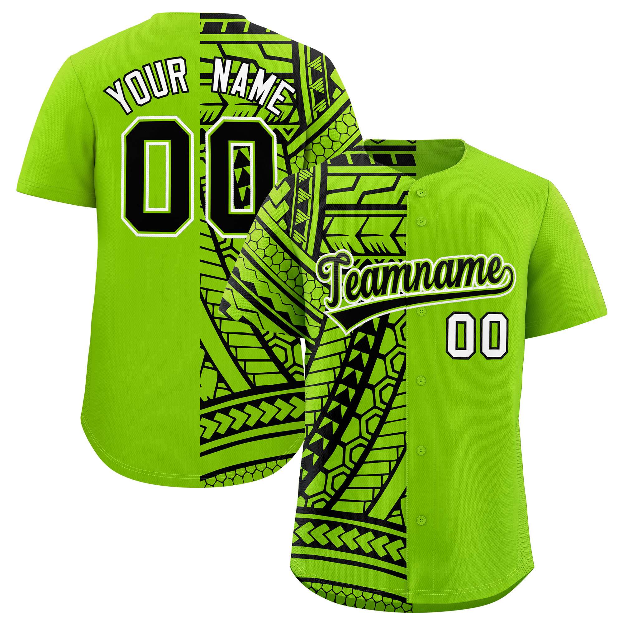 Custom Black Neon Green Split Fashion Tribal Pattern Authentic Baseball Jersey
