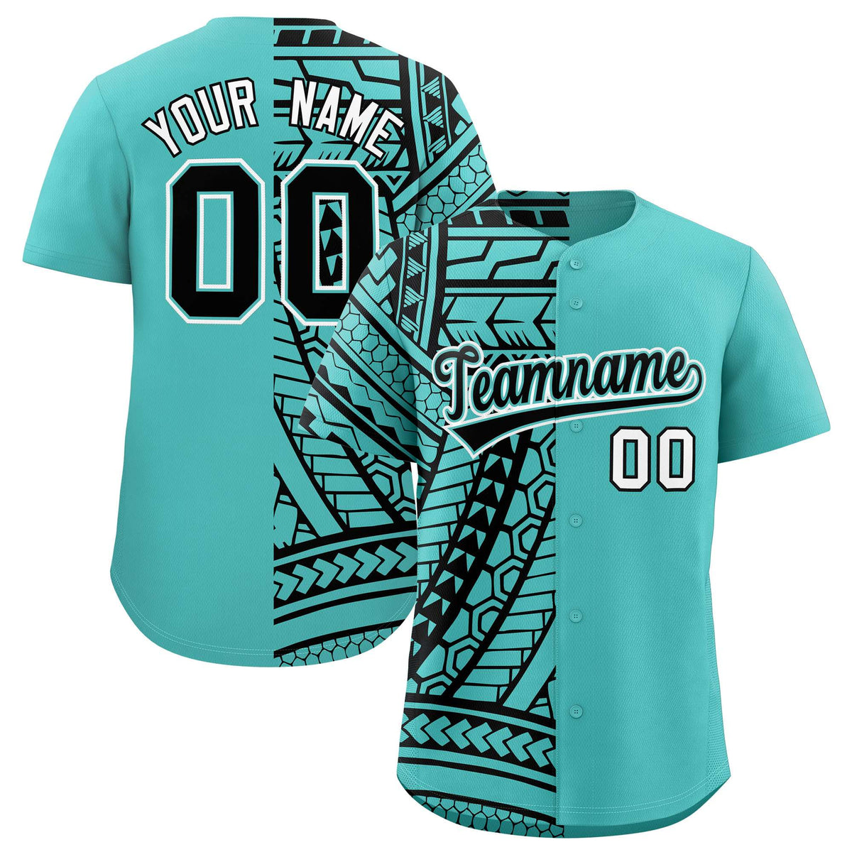 Custom Aqua Black Split Fashion Tribal Pattern Authentic Baseball Jersey