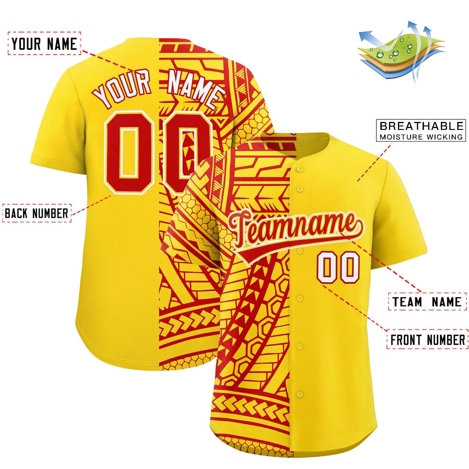 Custom Red Gold Split Fashion Tribal Pattern Authentic Baseball Jersey