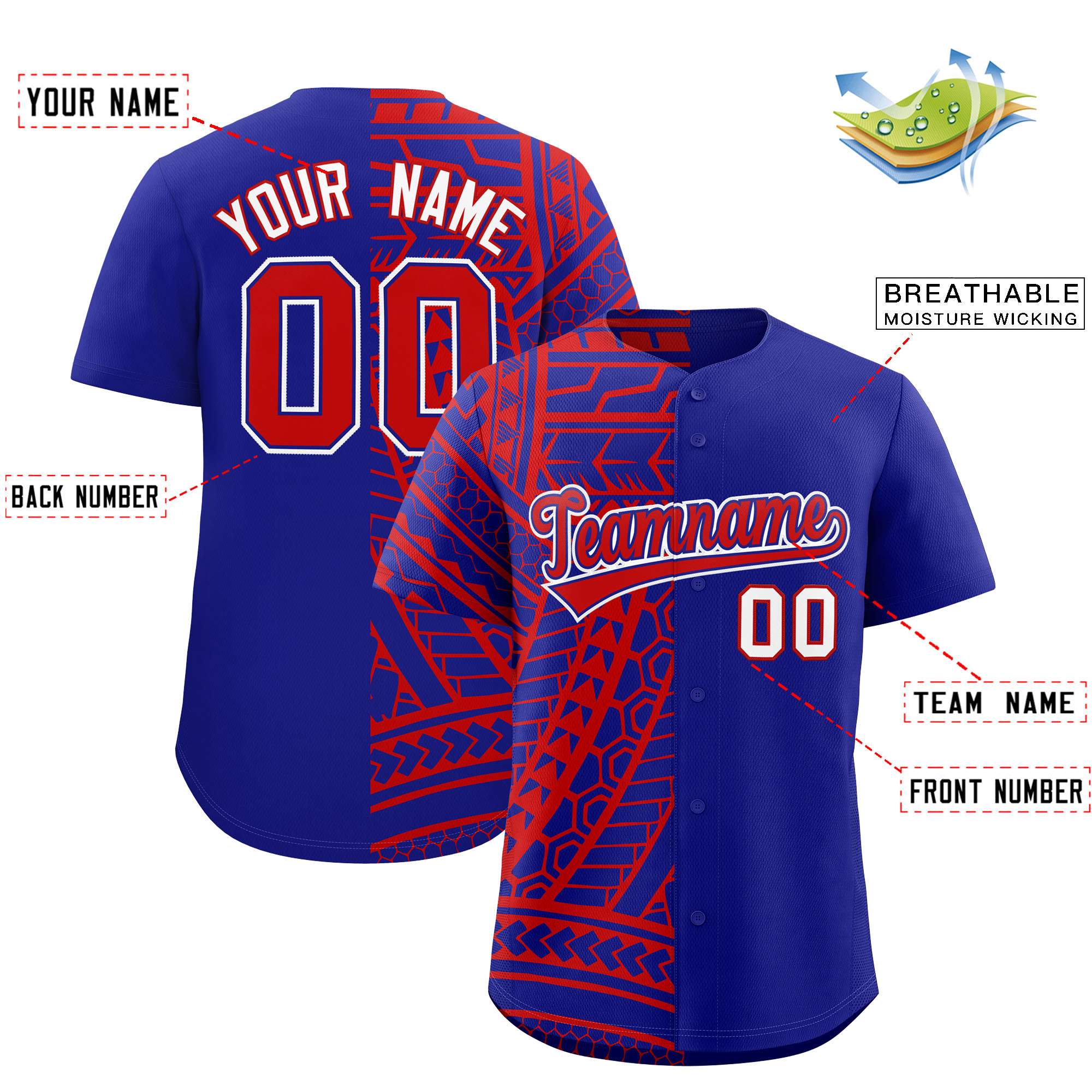 Custom Red Royal Split Fashion Tribal Pattern Authentic Baseball Jersey