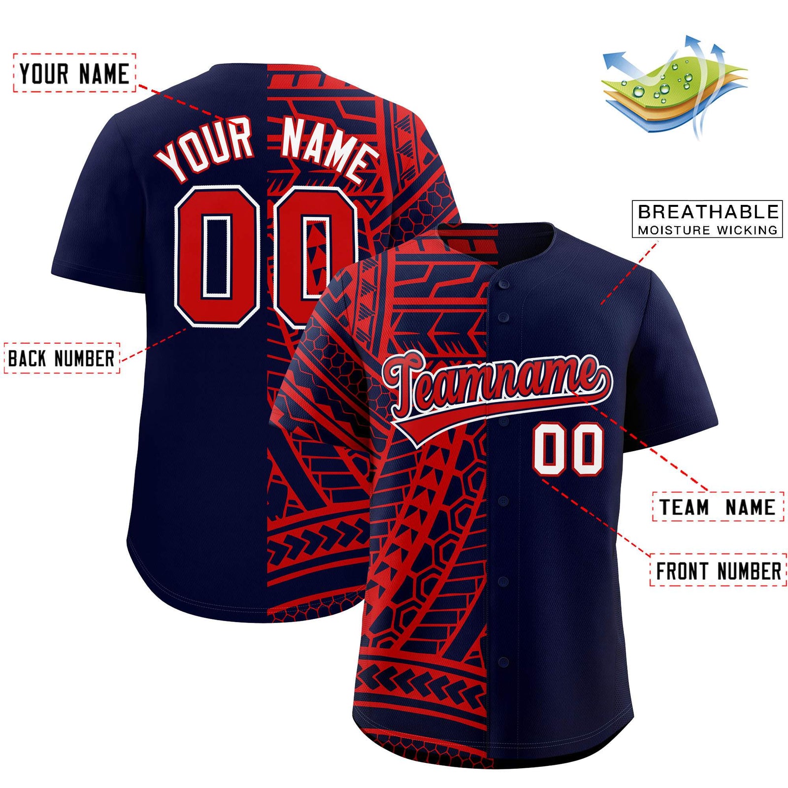 Custom Red Navy Split Fashion Tribal Pattern Authentic Baseball Jersey