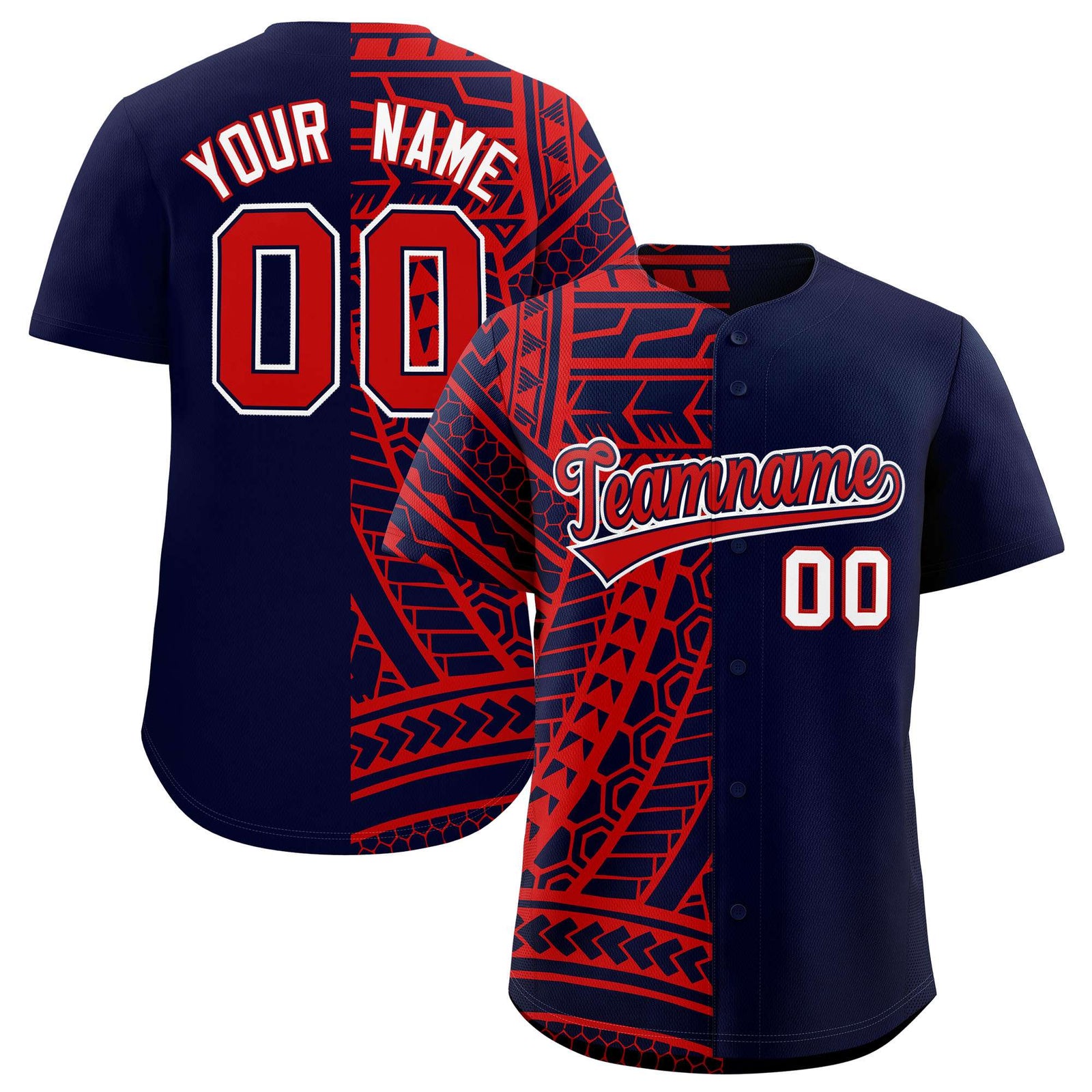 Custom Red Navy Split Fashion Tribal Pattern Authentic Baseball Jersey
