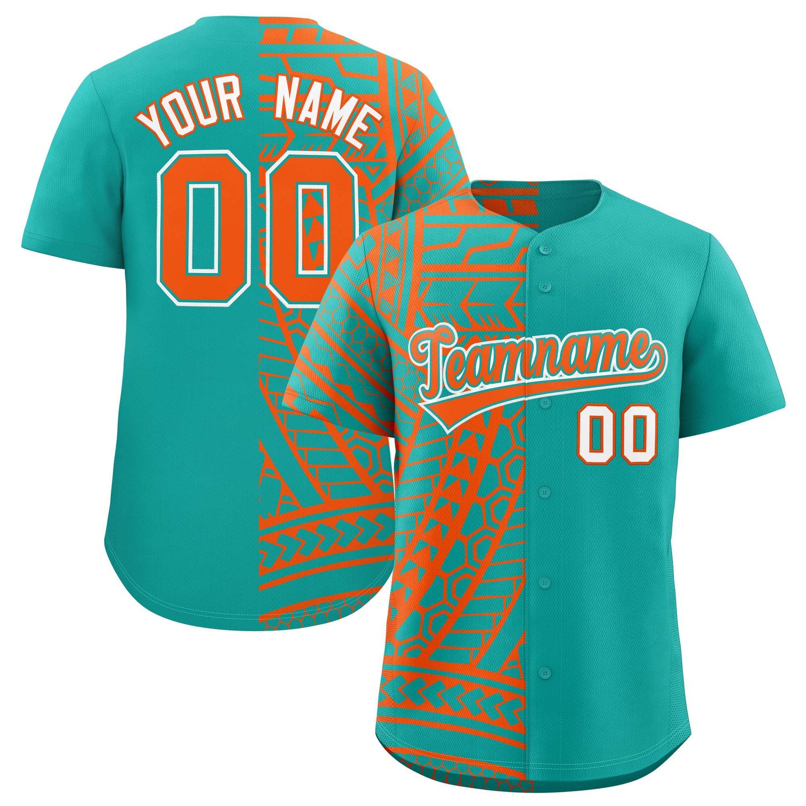 Custom Aqua Orange Split Fashion Tribal Pattern Authentic Baseball Jersey