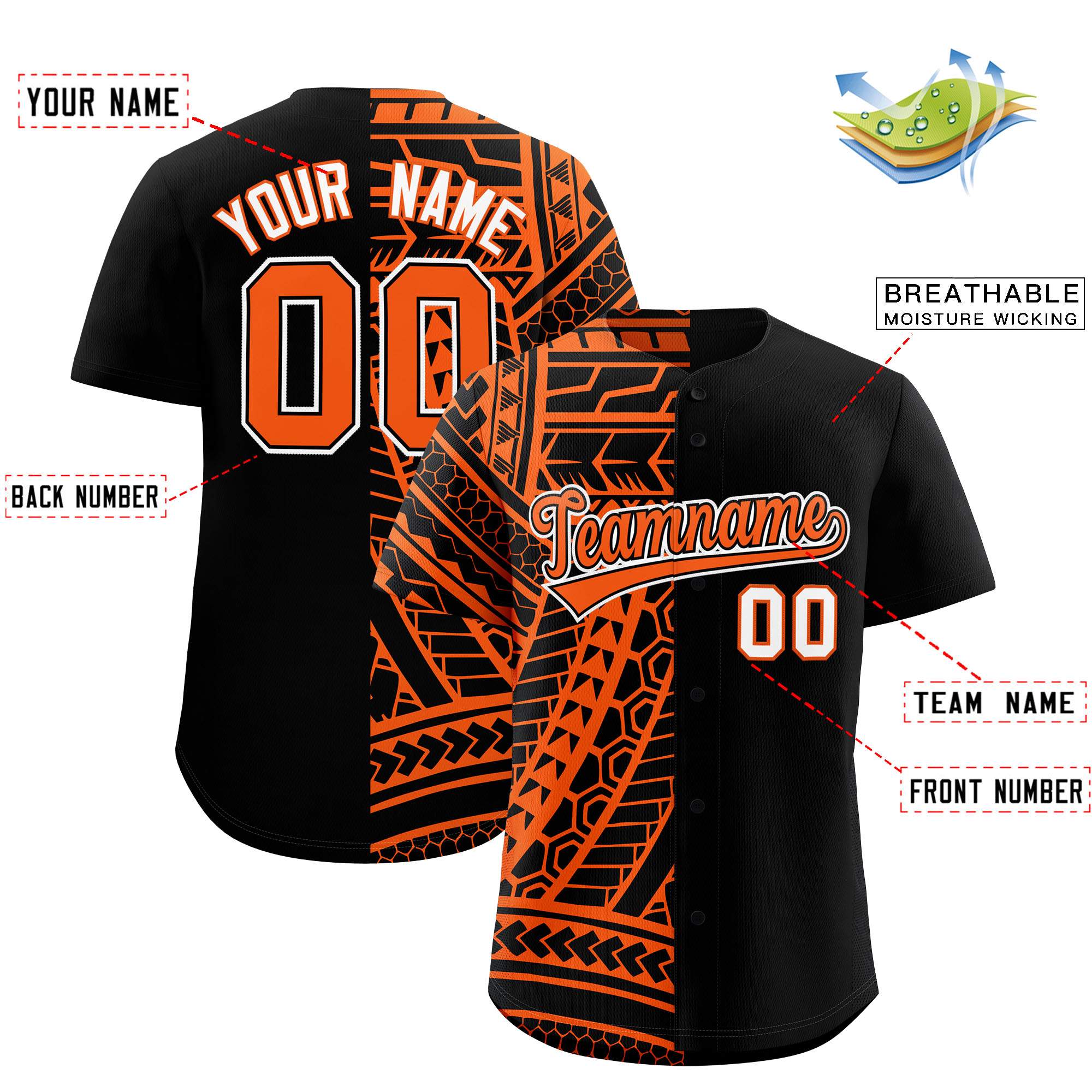 Custom Black Orange Split Fashion Tribal Pattern Authentic Baseball Jersey