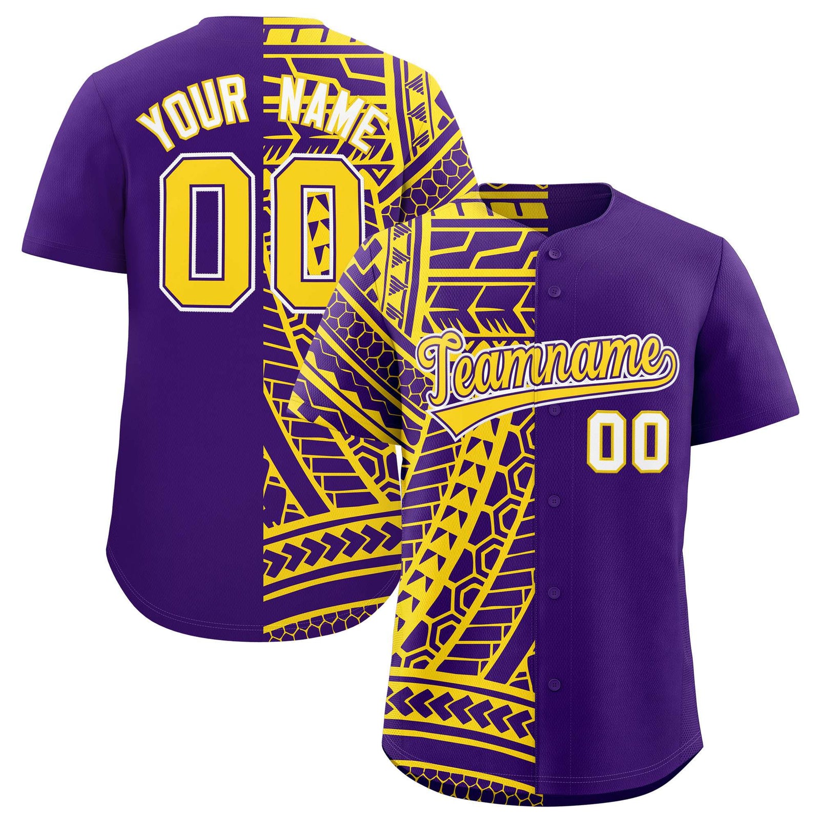 Custom Purple Gold Split Fashion Tribal Pattern Authentic Baseball Jersey
