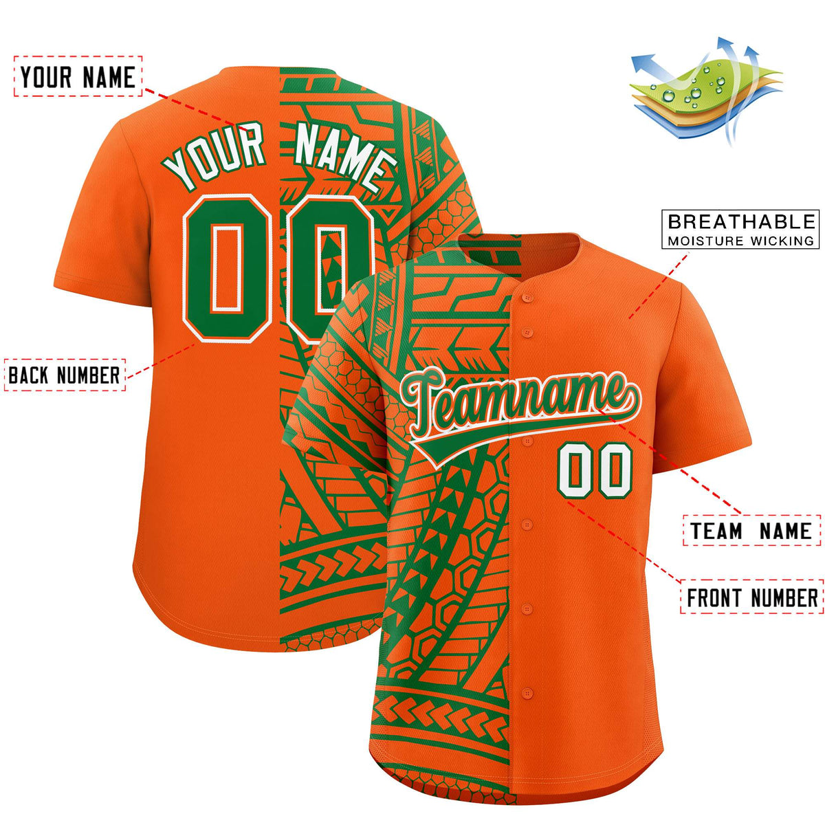 Custom Orange Kelly Green Split Fashion Tribal Pattern Authentic Baseball Jersey