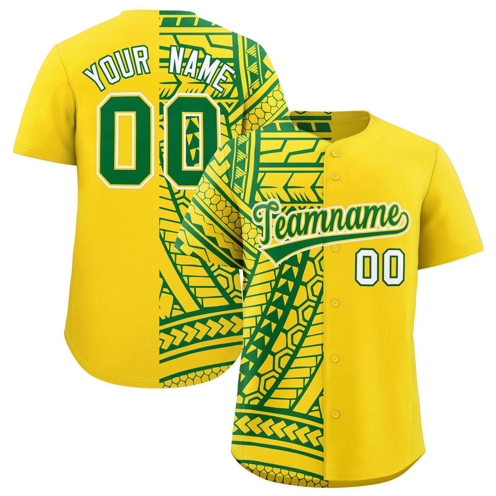 Custom Gold Kelly Green Split Fashion Tribal Pattern Authentic Baseball Jersey