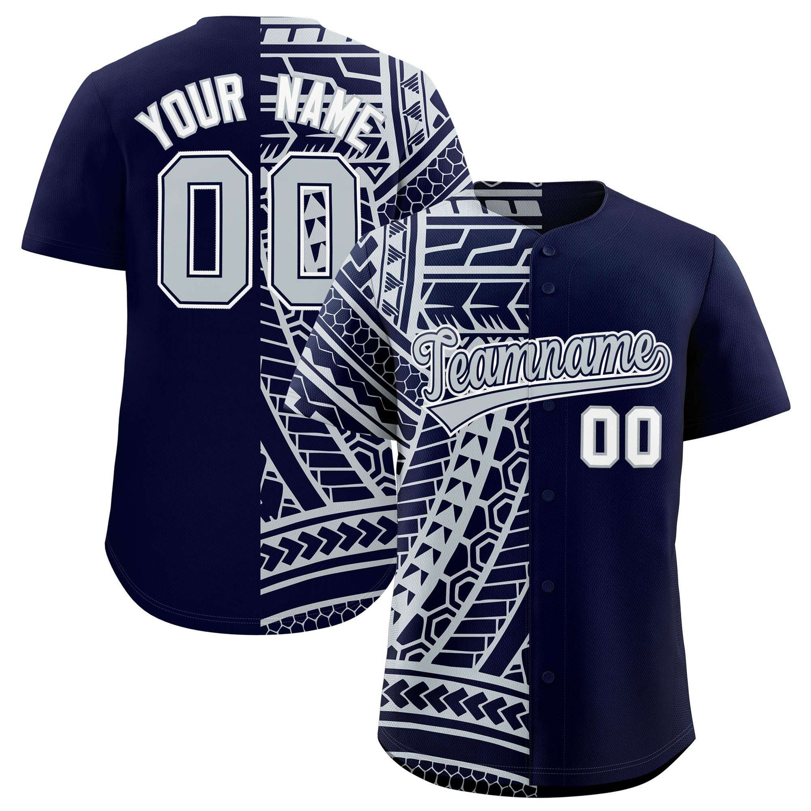 Custom Navy Silver Split Fashion Tribal Pattern Authentic Baseball Jersey