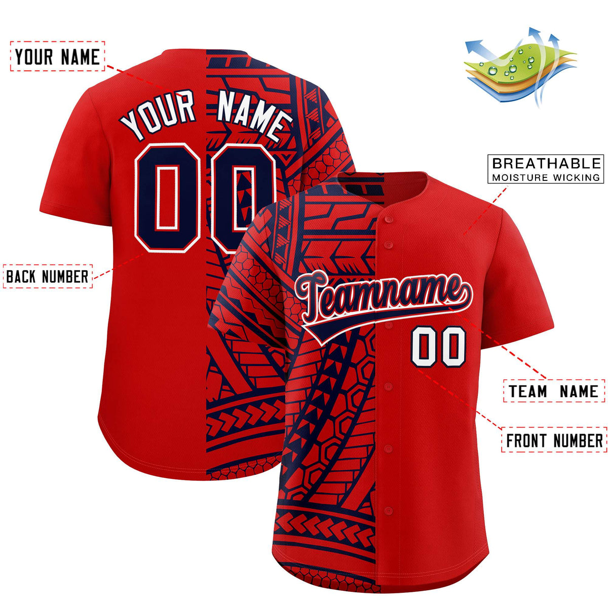 Custom Red Navy Split Fashion Tribal Pattern Authentic Baseball Jersey