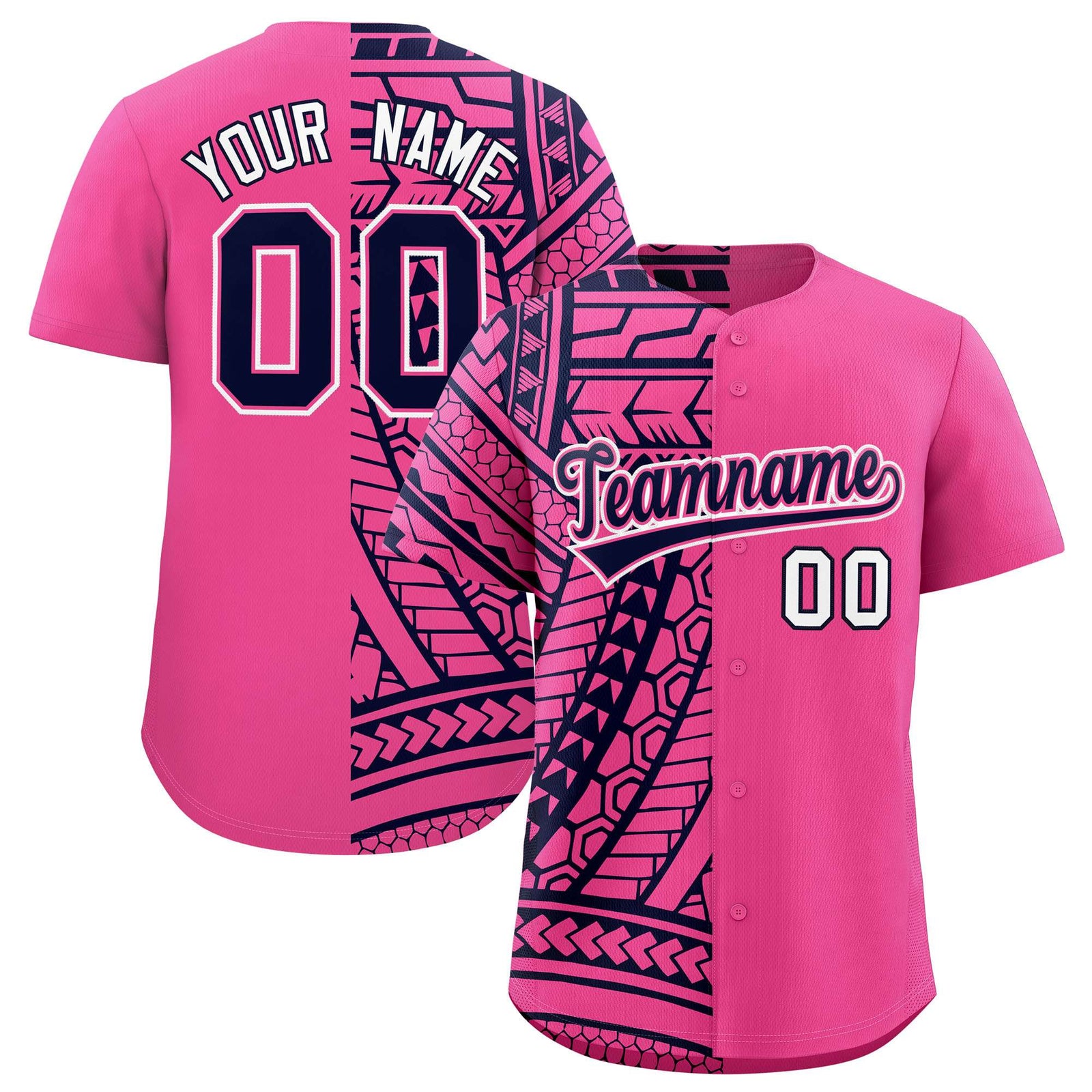 Custom Pink Navy Split Fashion Tribal Pattern Authentic Baseball Jersey