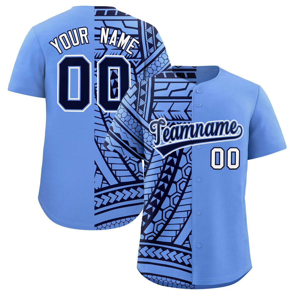 Custom Light Blue Navy Split Fashion Tribal Pattern Authentic Baseball Jersey