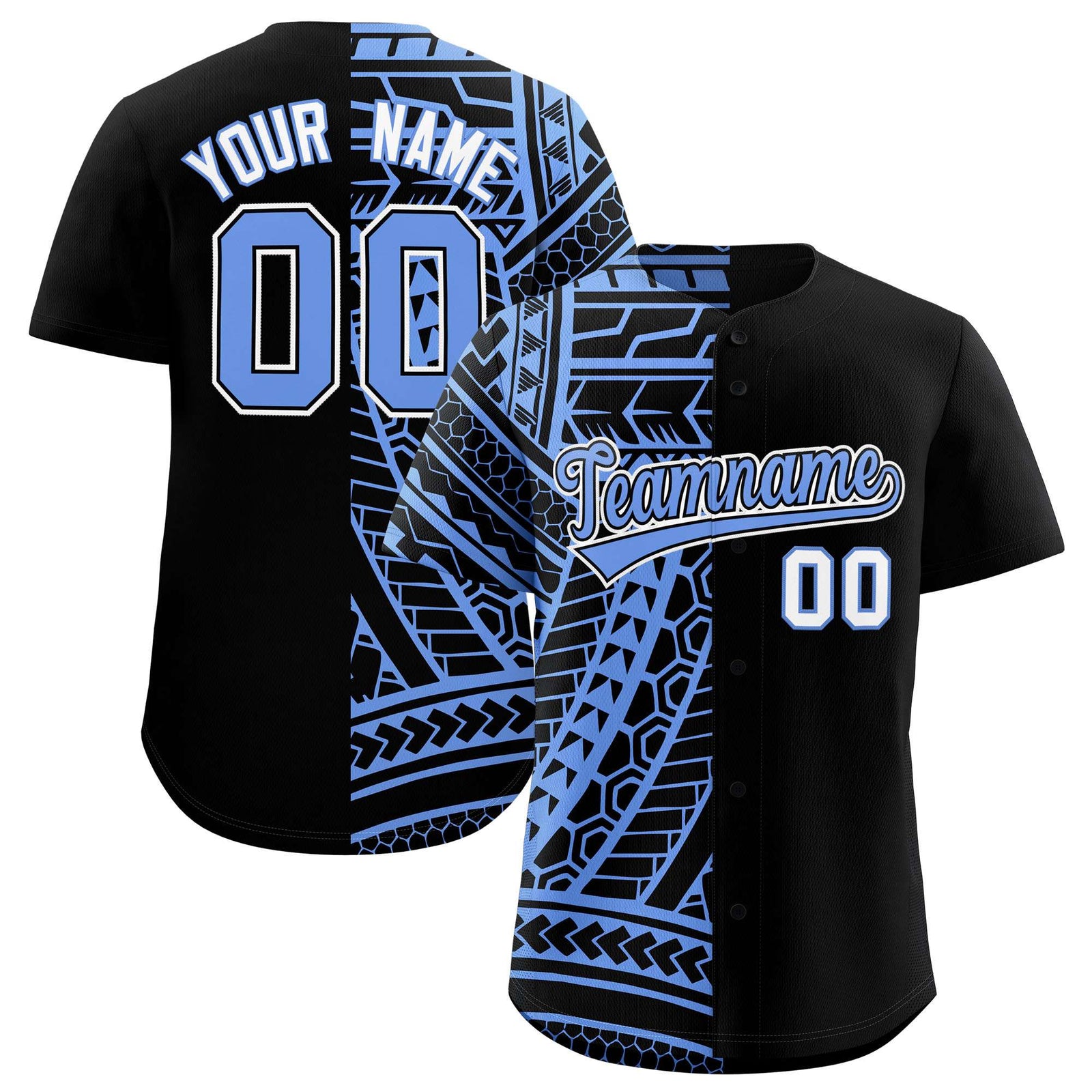 Custom Black Light Blue Split Fashion Tribal Pattern Authentic Baseball Jersey