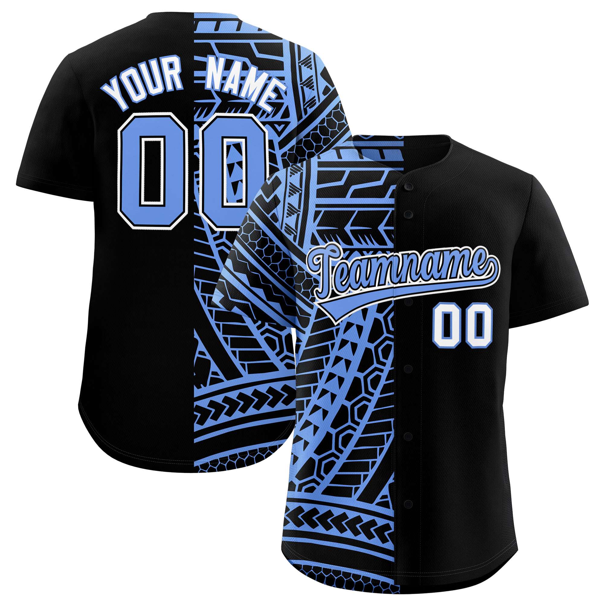 Custom Black Light Blue Split Fashion Tribal Pattern Authentic Baseball Jersey
