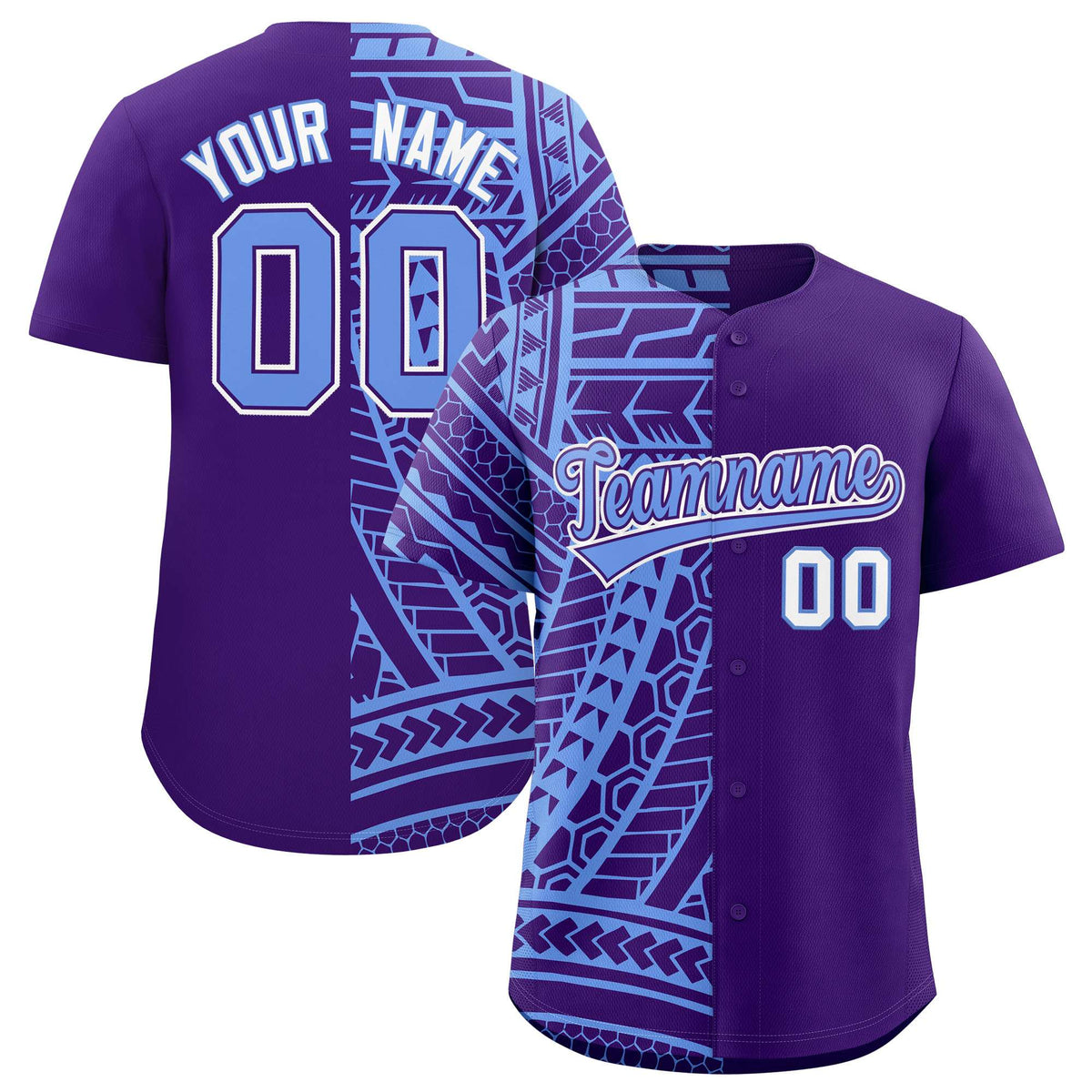 Custom Light Blue Purple Split Fashion Tribal Pattern Authentic Baseball Jersey
