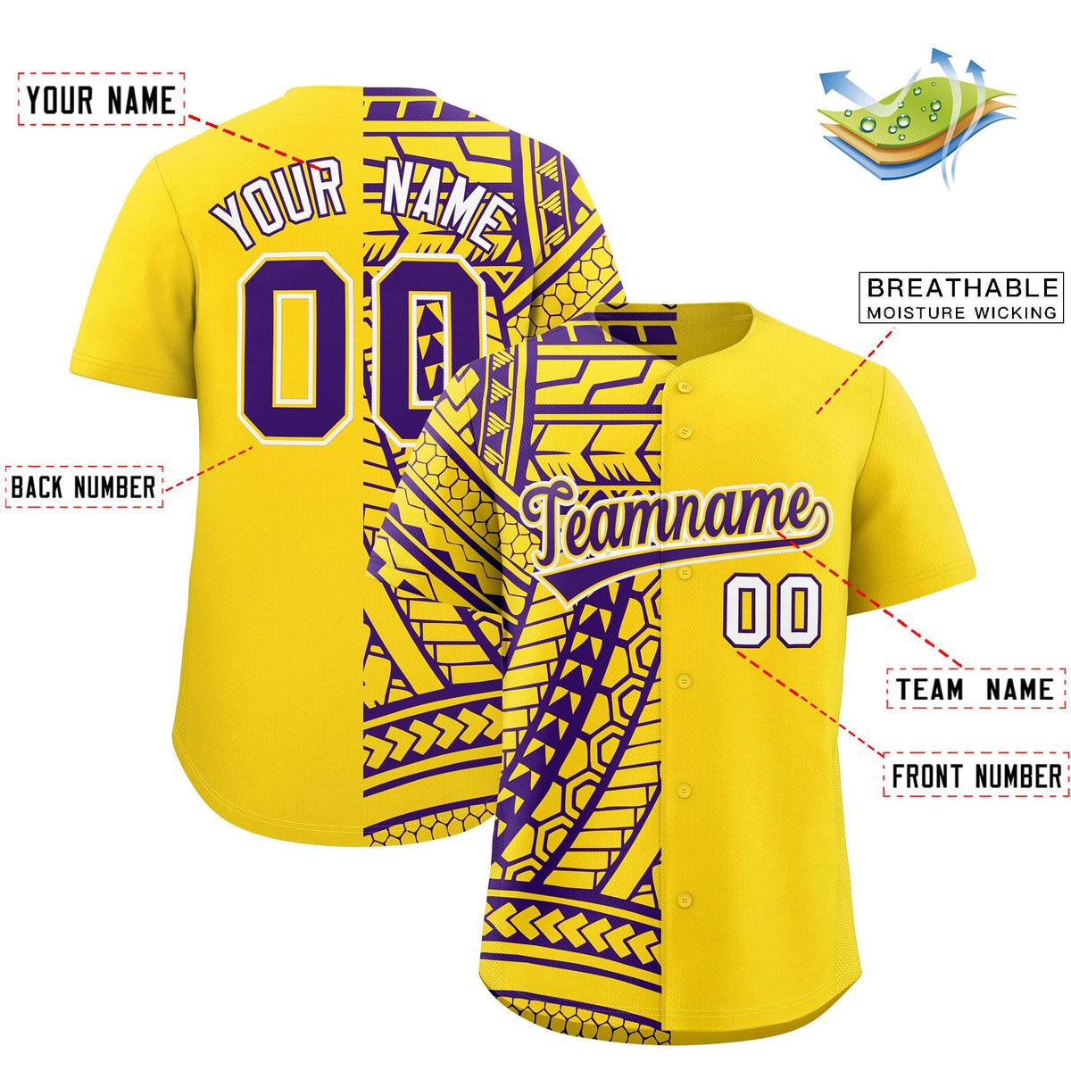 Custom Gold Purple Split Fashion Tribal Pattern Authentic Baseball Jersey
