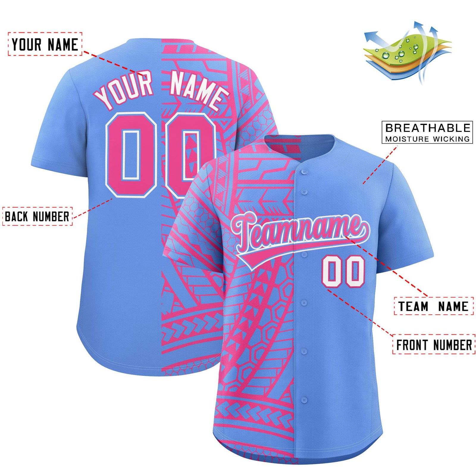 Custom Light Blue Pink Split Fashion Tribal Pattern Authentic Baseball Jersey