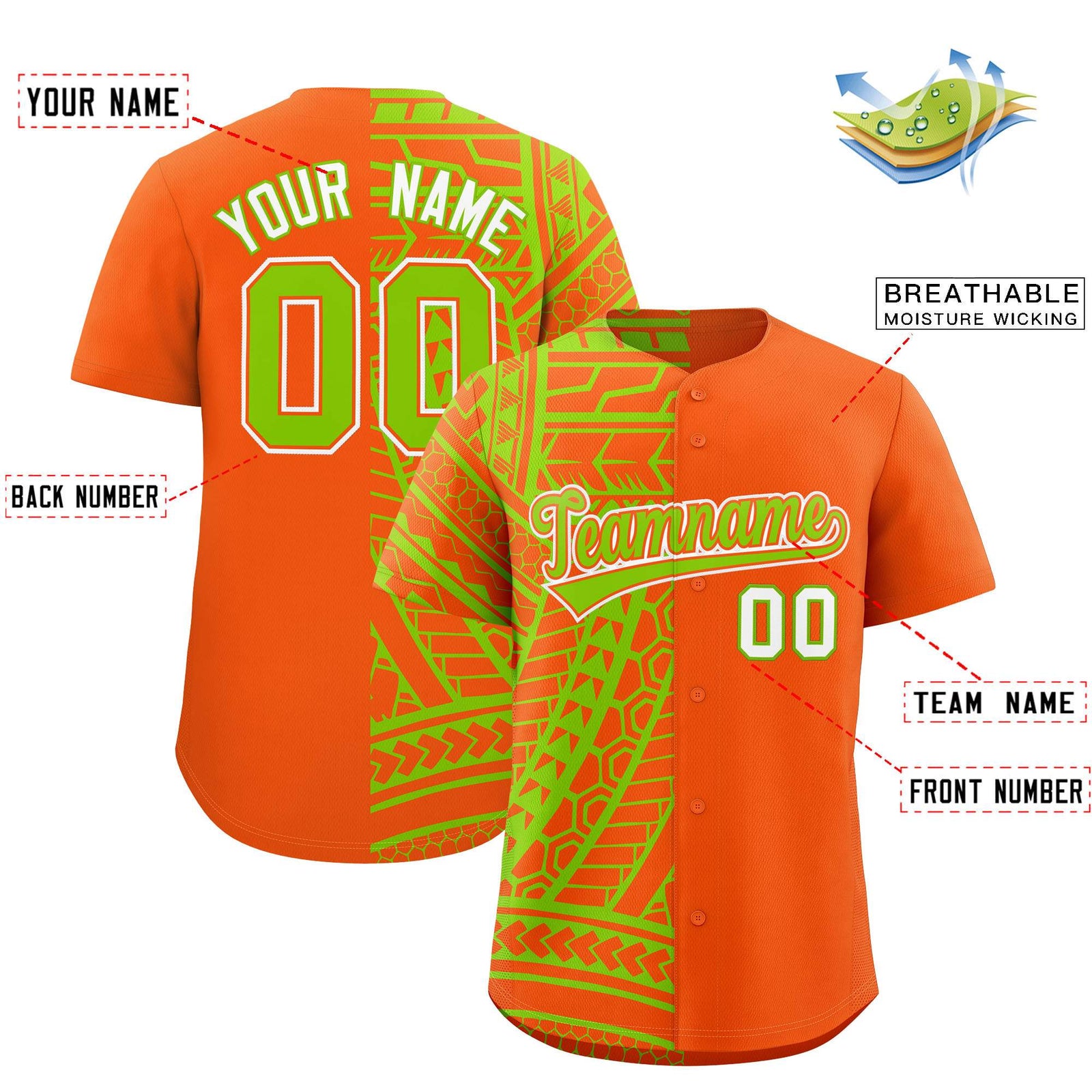 Custom Orange Neon Green Split Fashion Tribal Pattern Authentic Baseball Jersey