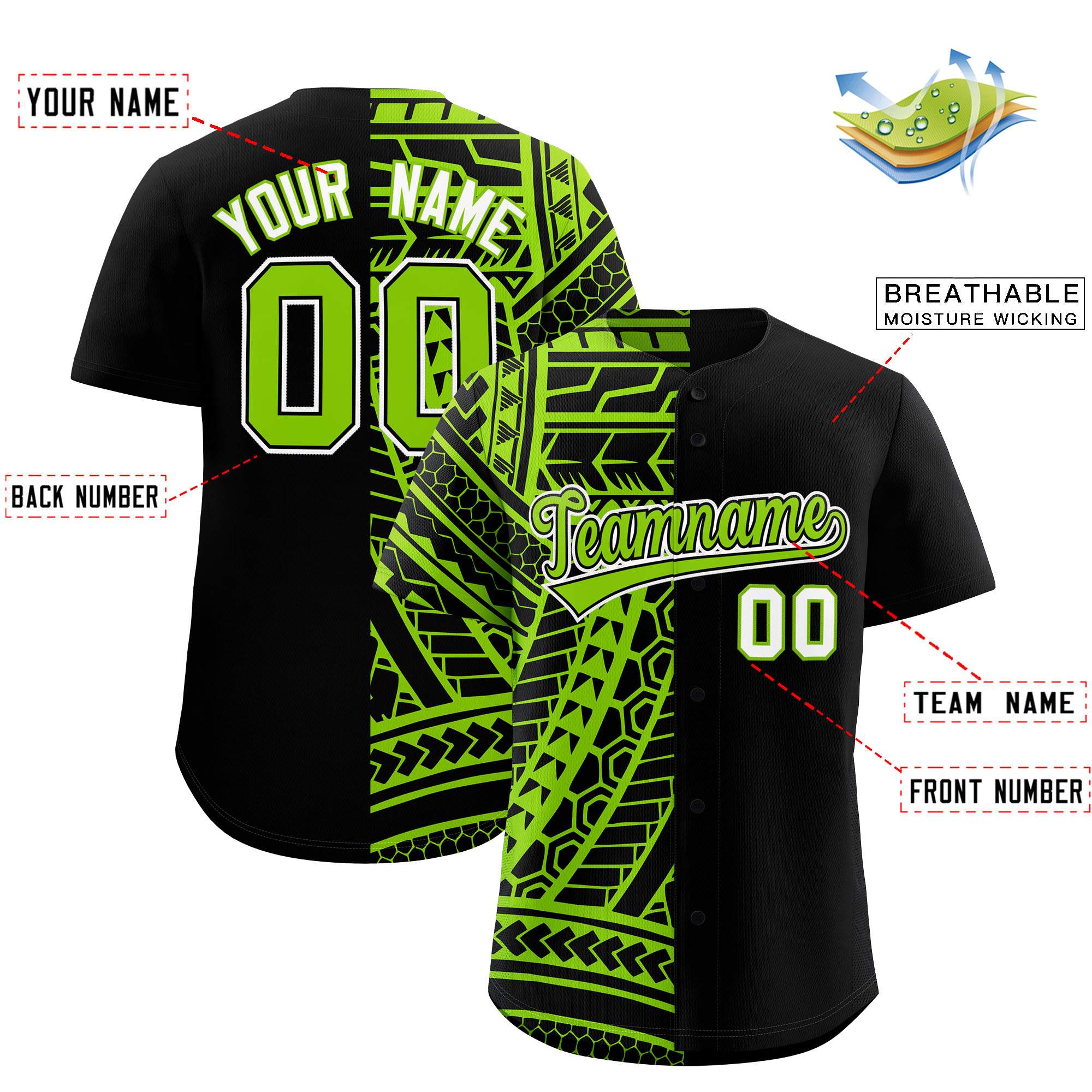 Custom Black Neon Green Split Fashion Tribal Pattern Authentic Baseball Jersey