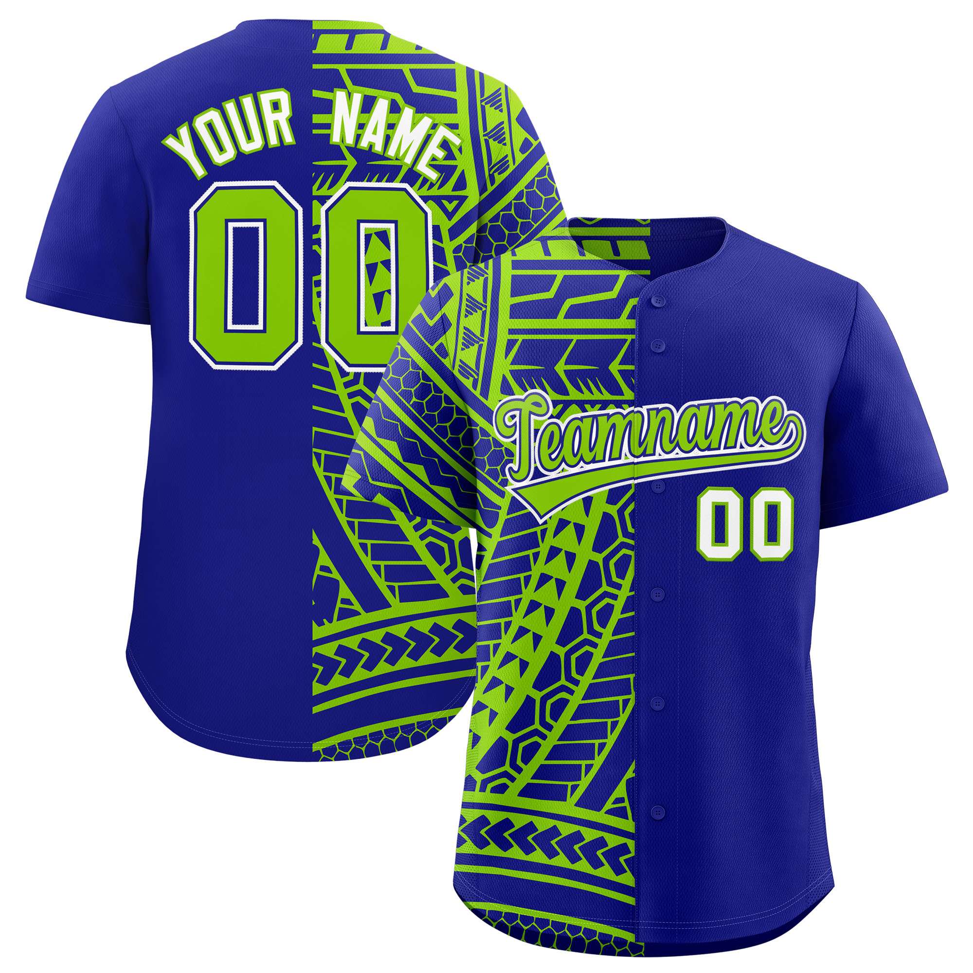 Custom Royal Neon Green Split Fashion Tribal Pattern Authentic Baseball Jersey